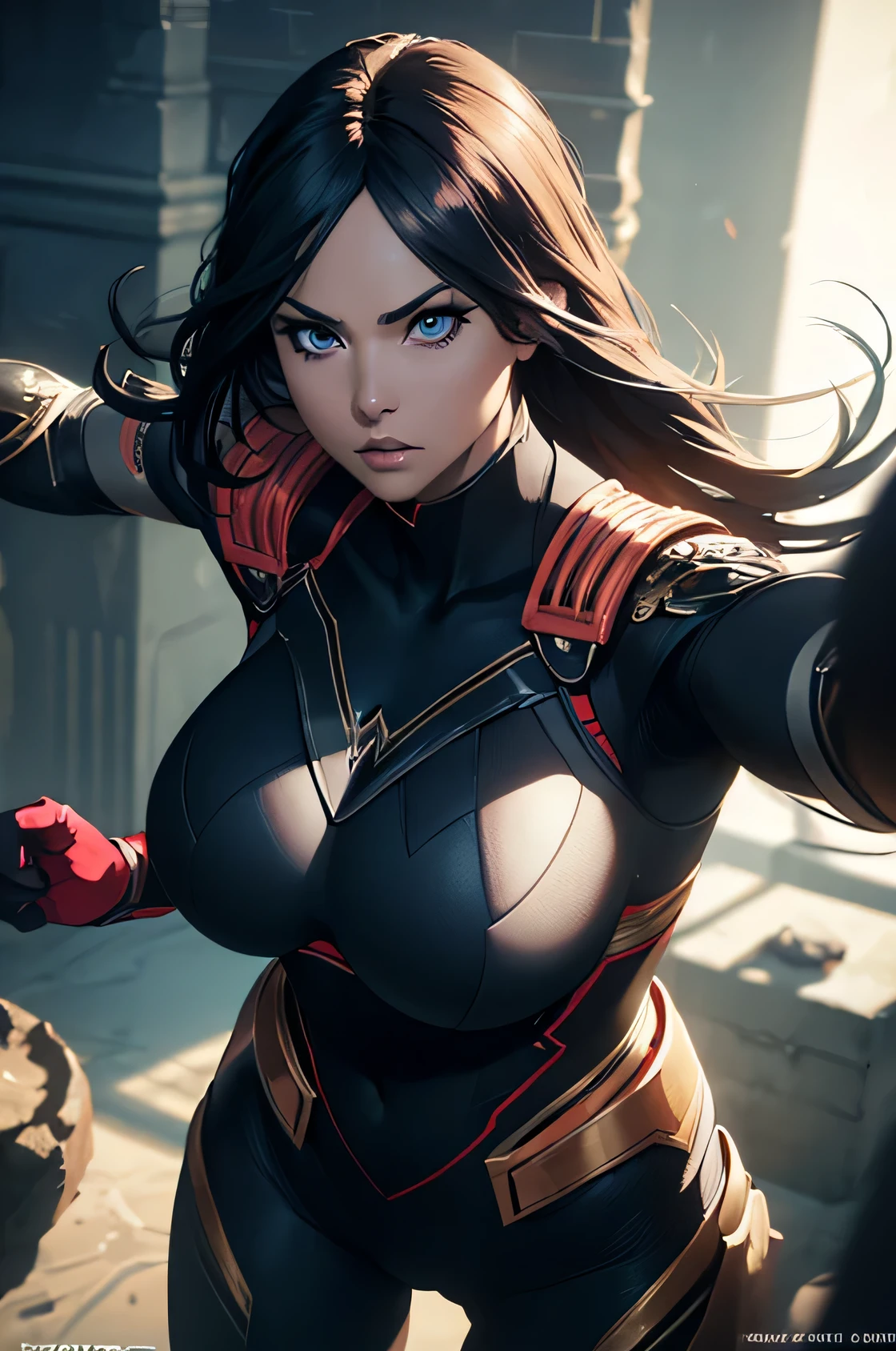 A superheroine, sexy, big breasts, dynamic pose, 3d, (8k), detailed texture,(hyperdetailed), (photo realistic), cinematic light, cinematic action, highly detailed, realistic, Isometric, full body, in frame, driven expression, dark theme, (extremely detailed eyes), detailed symmetric realistic face, extremely detailed natural texture, masterpiece, extremely detailed, amazing, fine detail, rich colors, hyper realistic lifelike texture, dramatic lighting, unreal engine, trending on art station, photo realistic, RAW photo, high quality, high res, sharp focus, extremely detailed, cinematic lighting, 8k, high definition, cinematic, neoprene, unreal engine 5, ultra sharp focus
