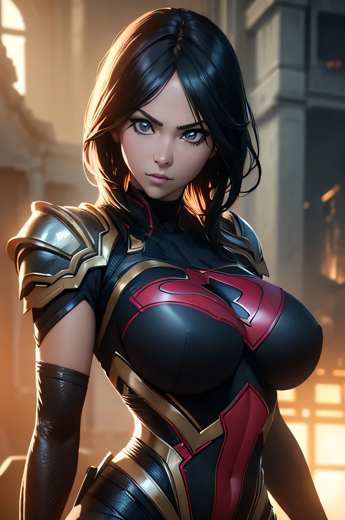 A superheroine, sexy, big breasts, dynamic pose, 3d, (8k), detailed texture,(hyperdetailed), (photo realistic), cinematic light, cinematic action, highly detailed, realistic, Isometric, full body, in frame, driven expression, dark theme, (extremely detailed eyes), detailed symmetric realistic face, extremely detailed natural texture, masterpiece, extremely detailed, amazing, fine detail, rich colors, hyper realistic lifelike texture, dramatic lighting, unreal engine, trending on art station, photo realistic, RAW photo, high quality, high res, sharp focus, extremely detailed, cinematic lighting, 8k, high definition, cinematic, neoprene, unreal engine 5, ultra sharp focus