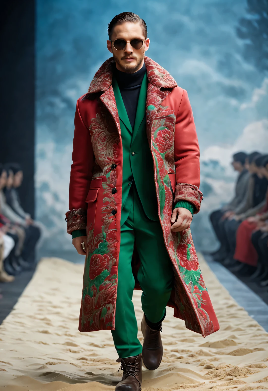 (Photo of a male model wearing a red and green peony couture cotton coat on the catwalk）,（China Red 2024 Winter man’s Fashion Show Live Photos），（whole body），
（man&#39;s winter extra long cotton coat design：1.0），（Tall, fit and handsome male model Tom.Hardy wears a cotton coat made of thick burlap with red and green peonies：1.34），Warm and windproof cotton coat，peonies and birds，Leaves，刺绣苏绣大红色和绿色peonies and birds，interwoven patterns as themes，Brown fur coat collar，complex patterns，A modern interpretation of Tibetan totems，Learn from the rich cultural heritage and exquisite craftsmanship of the Northeast region，Reinterpret traditional clothing with modern charm，
Parka，(exceed)coat，sweater，winter scarf warm scarf，gloves gloves，belt，boots，sunglasses，
background with：In the room，阶梯式的The stage is cexceeded with fine sand，（Tom Hardy）， (((runway scene))),The stage is cexceeded with fine sand，Jupiter，recife，Sand and foam, dusty，Blue swirls swirl like bubbles, The landscape must be filled with swirls and dynamic colored smoke，Paired with Ballerina Smoky Swirl Dress.Flowing purple smoky skirts and quick twirling moves were a source of inspiration, Key Elements::convey a sense of mystery, smoky，Colorful atmosphere.Emphasis on dynamics, Rotational motion ray tracing in compositing, divinelight, ultra high definition, 解剖结的masterpiece，It can give texture to the skin, Super details, high detail, high quality, Award-winning, best quality, high resolution, 8k，Cat steps scene，Shoot from the bottom up，以ultra high definition格式查找, masterpiece, charming eyes，anatomically correct, textured skin, Super details, Award-winning, best quality, 8K vision, Cat steps, actual, fantasy art，