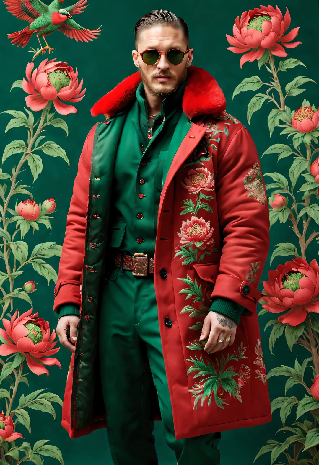 Winter men&#39;s fashion show, (whole body),
(Men's winter exceedsized cotton coat design: 1.0), (Tall and handsome male model Tom Hardy wears a cotton coat made of thick red and green peony fabric: 1.34), 苏绣大red and green peonies飞鸟, The theme of interweaving patterns, With brown fur collar and intricate pattern, A modern interpretation of Tibetan peony and bird totems, Learn from the rich cultural heritage and exquisite craftsmanship of the Northeast region, It reinterprets traditional clothing with modern charm,
Parka snow coat, (exceed) coat, sweater, winter scarf warm scarf, gloves gloves, belt, boots, sunglasses, Wearing a thick cotton coat，red and green peonies,
background blur, Like a movie, With exceptionally clear details, Accent lighting, global illumination, intricate details, realism, close-up, film camera,