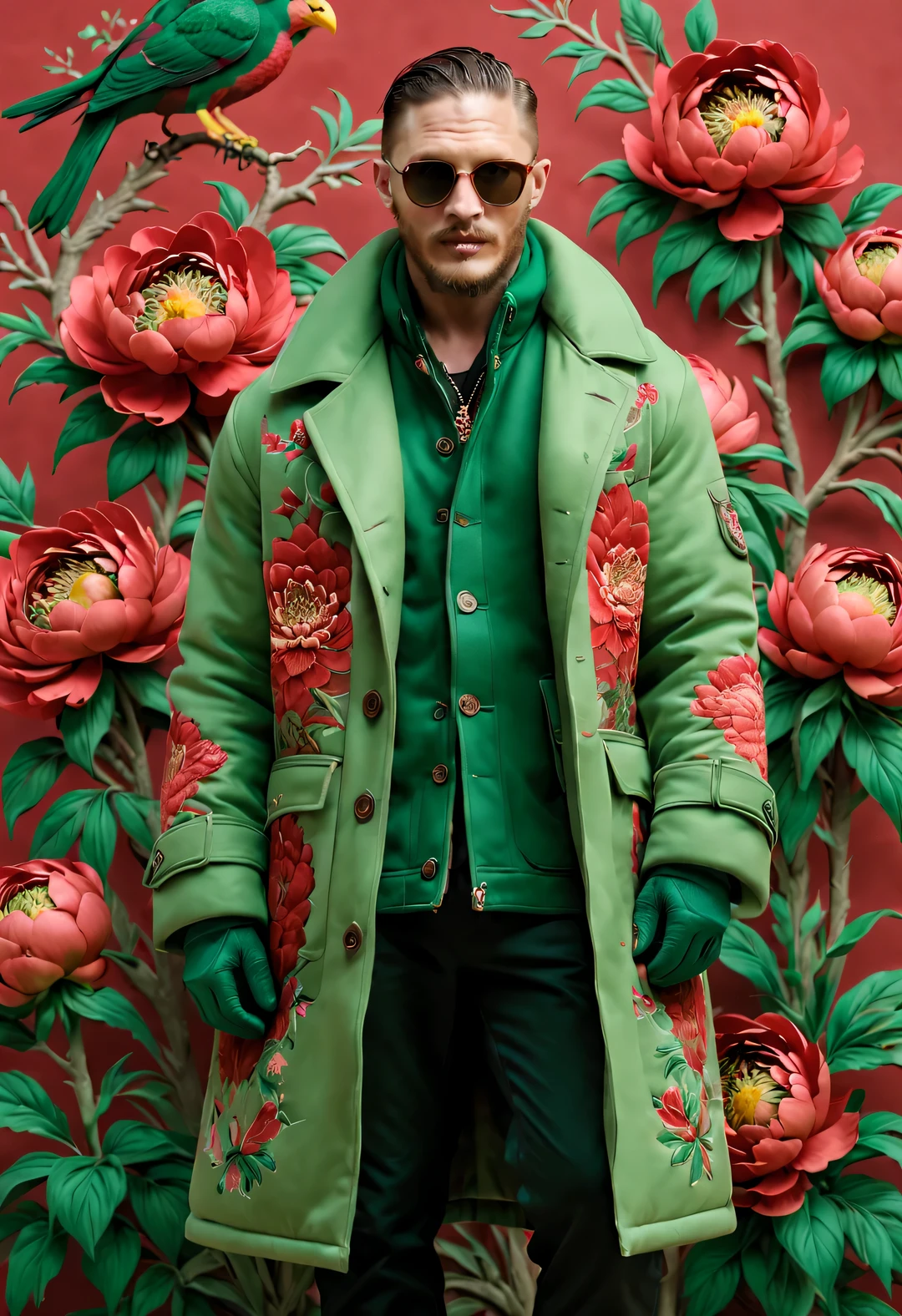 Winter men&#39;s fashion show, (whole body),
(Men's winter exceedsized cotton coat design: 1.0), (Tall and handsome male model Tom Hardy wears a cotton coat made of thick red and green peony fabric: 1.34), 苏绣大red and green peonies飞鸟, The theme of interweaving patterns, With brown fur collar and intricate pattern, A modern interpretation of Tibetan peony and bird totems, Learn from the rich cultural heritage and exquisite craftsmanship of the Northeast region, It reinterprets traditional clothing with modern charm,
Parka snow coat, (exceed) coat, sweater, winter scarf warm scarf, gloves gloves, belt, boots, sunglasses, Wearing a thick cotton coat，red and green peonies,
background blur, Like a movie, With exceptionally clear details, Accent lighting, global illumination, intricate details, realism, close-up, film camera,