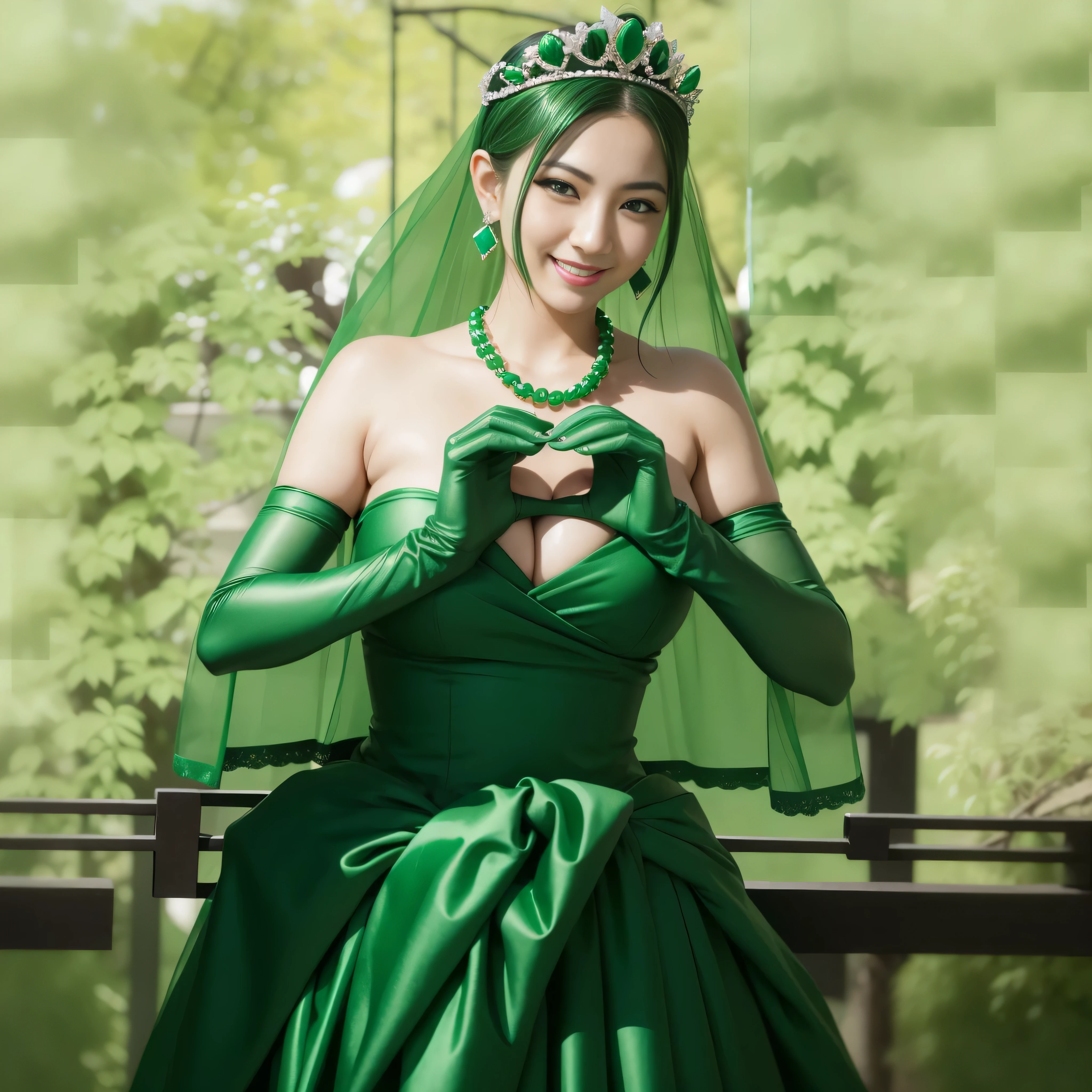 emerald tiara, green pearl necklace, ボーイッシュな非常に短いgreen hair, lipstick, smiling Japanese woman, very short hair,  Beauty with large breasts, green eyes, Long Green Satin Gloves, green eyes, emerald earrings, green veil, heart with both hands, green hair, Beautiful Japan woman in her 30s, heart shaped hand:1.3