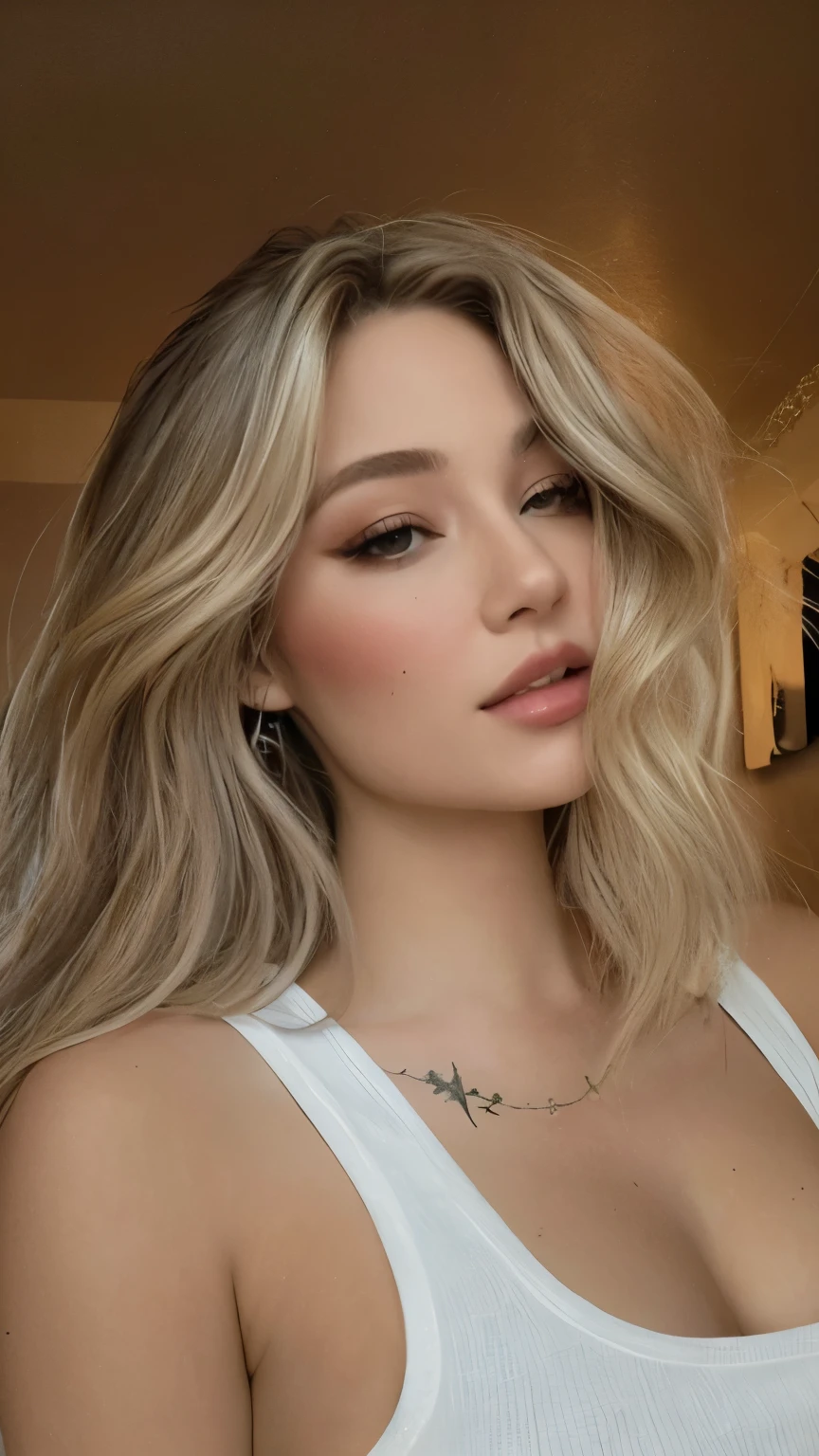 um close up de uma mulher com cabelos longos e uma regata branca, morena com cabelos tingidos de loiro, cabelo loiro sujo, cabelo bege, cabelo loiro cinza, Cabelo loiro escuro, cabelo loiro cinza, messy blonde hair, olivia de bernardini, cabelos acinzentados loiros cinzas, uma garota com cabelo loiro, beleza de cair o queixo, rosto sexy