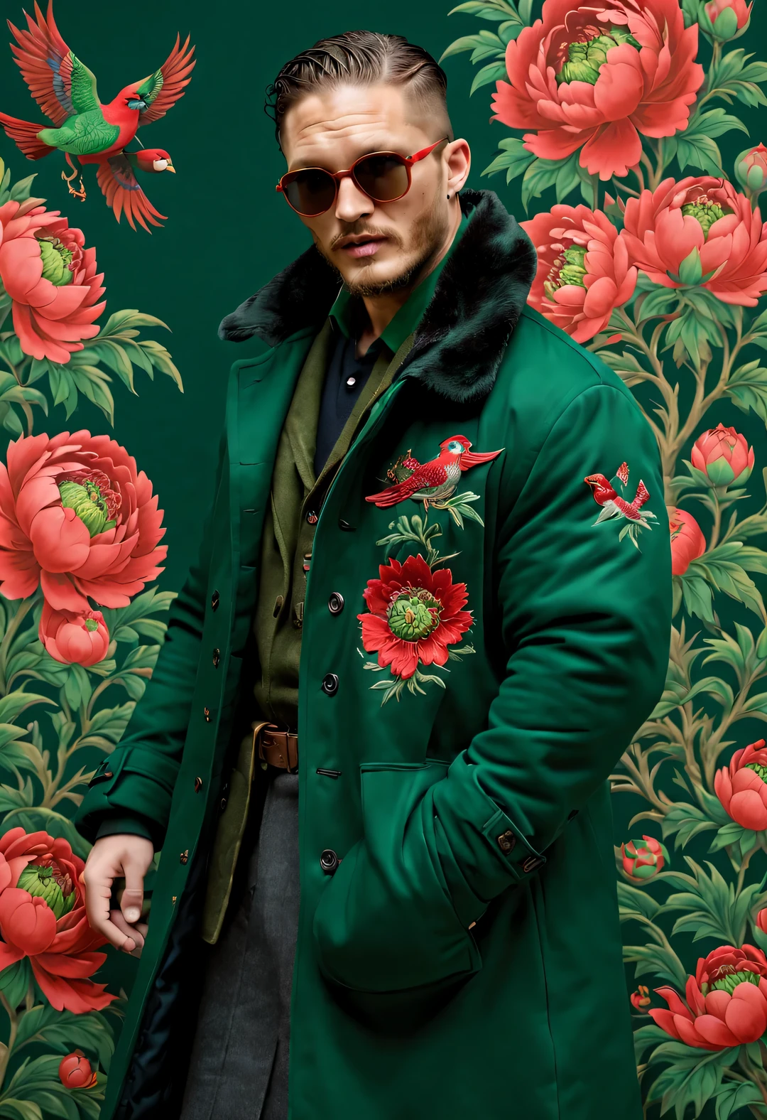 Winter men&#39;s fashion show, (whole body),
(Men's winter exceedsized cotton coat design: 1.0), (Tall and handsome male model Tom Hardy wears a cotton coat made of thick red and green peony fabric: 1.34), 苏绣大red and green peonies飞鸟, The theme of interweaving patterns, With brown fur collar and intricate pattern, A modern interpretation of Tibetan peony and bird totems, Learn from the rich cultural heritage and exquisite craftsmanship of the Northeast region, It reinterprets traditional clothing with modern charm,
Parka snow coat, (exceed) coat, sweater, winter scarf warm scarf, gloves gloves, belt, boots, sunglasses, Wearing a thick cotton coat，red and green peonies,
background blur, Like a movie, With exceptionally clear details, Accent lighting, global illumination, intricate details, realism, close-up, film camera,