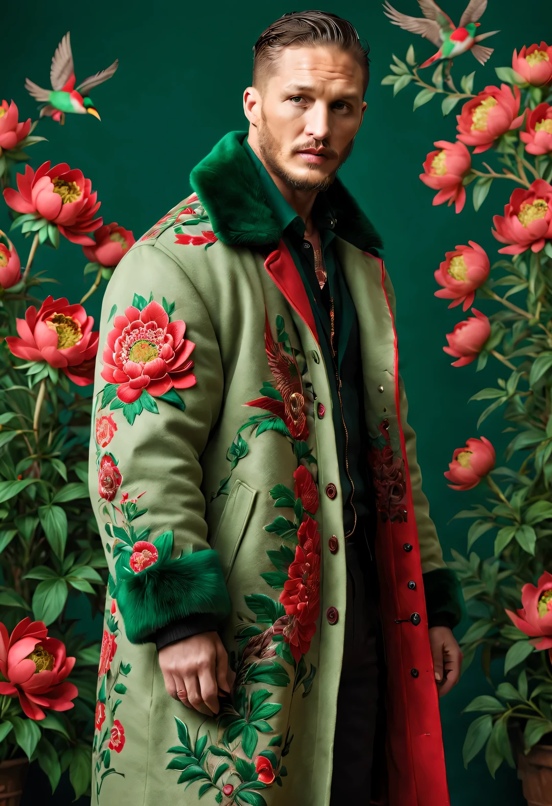 Winter men&#39;s fashion show, (whole body),
(Men's winter exceedsized cotton coat design: 1.0), (Tall and handsome male model Tom Hardy wears a cotton coat made of thick red and green peony fabric: 1.34), 苏绣大red and green peonies飞鸟, The theme of interweaving patterns, With brown fur collar and intricate pattern, A modern interpretation of Tibetan peony and bird totems, Learn from the rich cultural heritage and exquisite craftsmanship of the Northeast region, It reinterprets traditional clothing with modern charm,
Parka snow coat, (exceed) coat, sweater, winter scarf warm scarf, gloves gloves, belt, boots, sunglasses, Wearing a thick cotton coat，red and green peonies,
background blur, Like a movie, With exceptionally clear details, Accent lighting, global illumination, intricate details, realism, close-up, film camera,