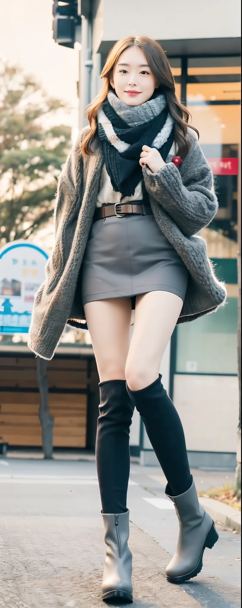(8k, RAW photos, top quality, masterpiece: 1.2, ultra detailed, super resolution, real photos: 1.37), (Full body:1), 1 noble elegant Japanese lady, (standing contrapposte), winter season, ((black color coodinate, wearing over-size nouton coat, winter fluffy scarf, grey long skirt, legging, wearing long boots)), Shiny, Smile, Looks like 1.8 meters tall, large pelvis, Large breasts, big cuvy hips, Thin waist, Long legs, skin hyper-detail, 20 years old, Perfect face, (Detailed facial features), Wavy hair, Daylight, autumn season, snazzy cafe,