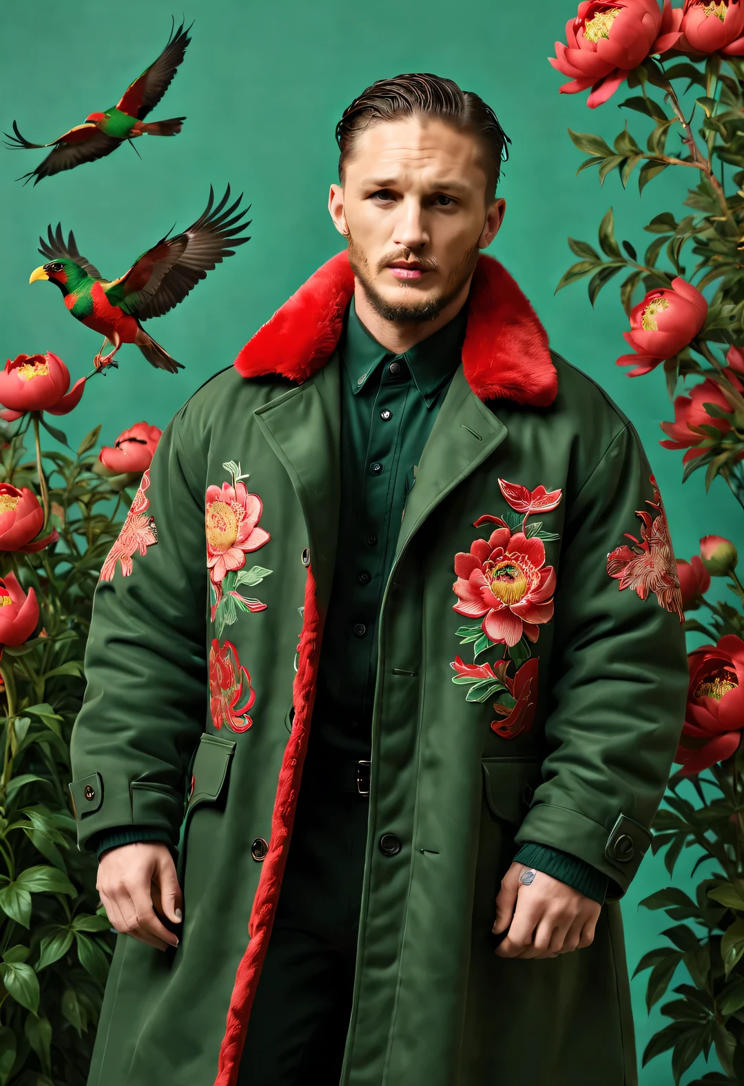 red commando, Playful new fashion style, Sophisticated Men&#39;s Winter Oversized Cotton Coat Designs, (tall and handsome male model Tom Hardy wears a cotton coat made of thick red green peony fabric: 1.34), Pair with warm and windproof cotton coat, Peonies and birds, Leaves, embroidered with Suzhou embroidery big red and green Peonies and birds, The theme of interweaving patterns, Brown fur jacket collar with intricate pattern and clothing, Features large red photo, green, light amber, Close-up of sky blue and red,