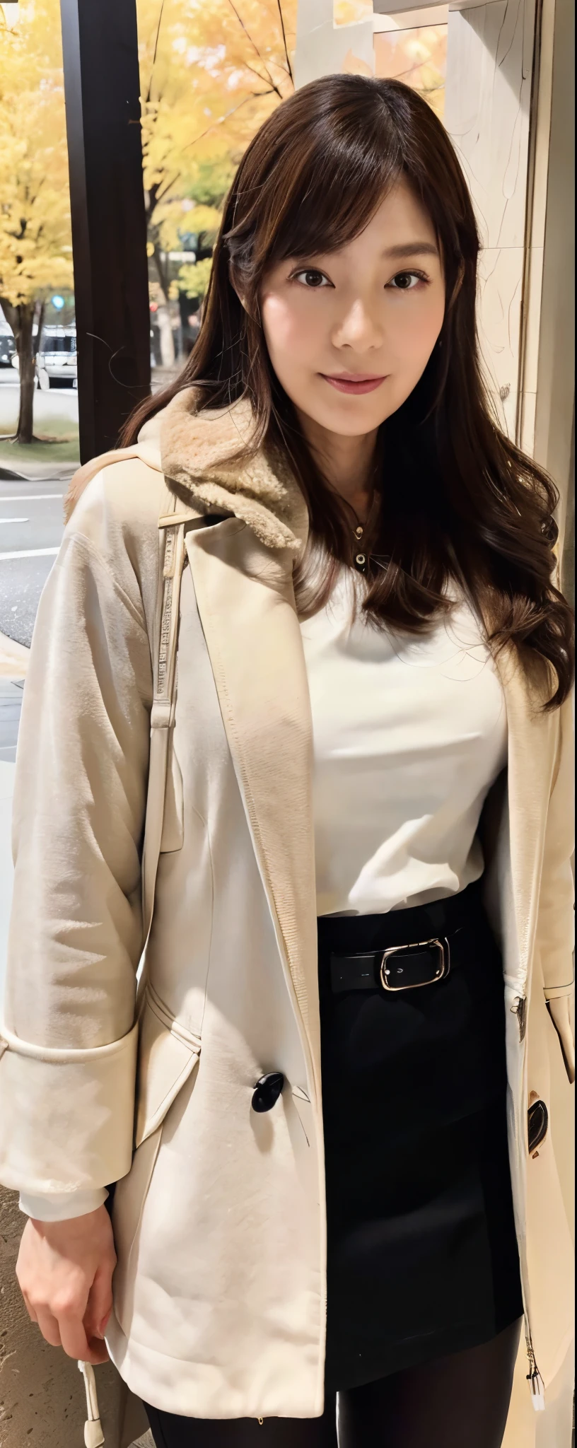 (8k, RAW photos, top quality, masterpiece: 1.2, ultra detailed, super resolution, real photos: 1.37), (Full body:1), 1 noble elegant Japanese lady, (standing contrapposte), winter season, ((black color coodinate, wearing over-size nouton coat, winter fluffy scarf, grey long skirt, legging, wearing long boots)), Shiny, Smile, Looks like 1.8 meters tall, large pelvis, Large breasts, big cuvy hips, Thin waist, Long legs, skin hyper-detail, 20 years old, Perfect face, (Detailed facial features), Wavy hair, Daylight, autumn season, snazzy cafe,