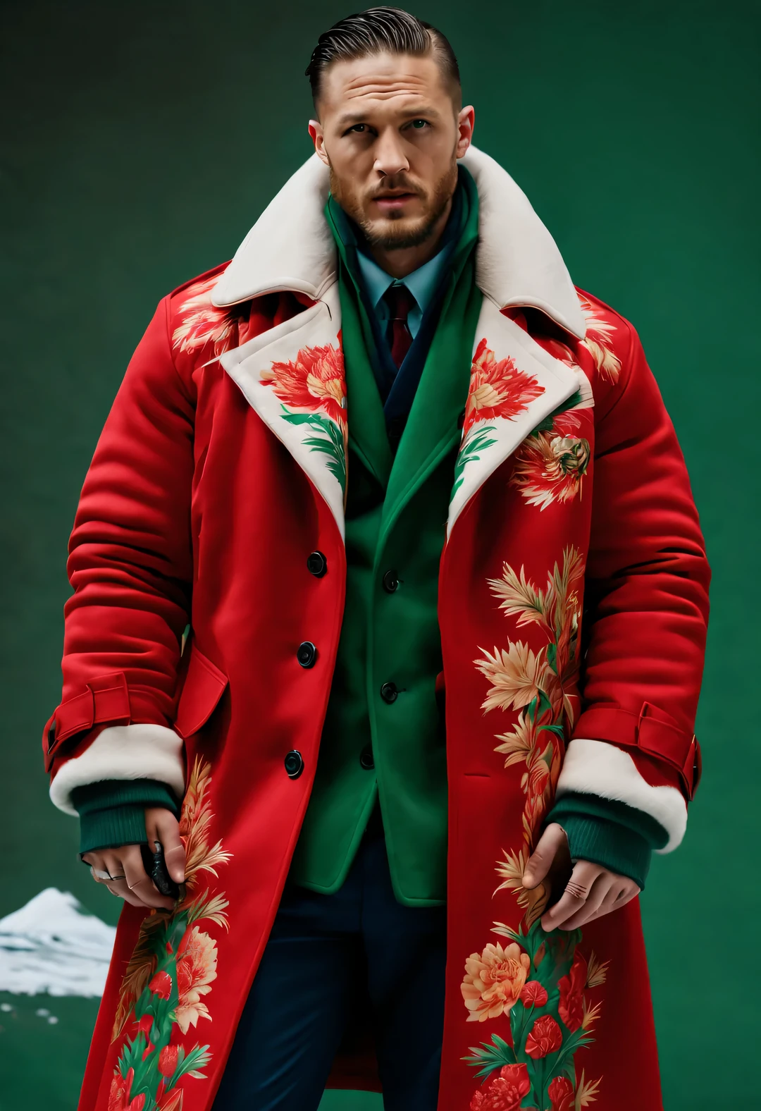 (snow)，red commando, Playful new fashion style, complex men's winter exceedsized cotton coat design, (tall and handsome male model Tom Hardy wears a cotton coat made of thick red green peony fabric: 1.34), with warm and windproof cotton coats, Peonies and birds, Leaves, embroidered with Suzhou embroidery big red and green Peonies and birds, The theme of interweaving patterns, The complex pattern on the collar of the brown fur coat,
Parka snow coat, (exceed) coat, sweater, winter scarf warm scarf, gloves gloves, belt, boots, sunglasses, shirt shirt, jeans, casual pants, Pants, casual Pants, Pants, Cardigan Sweater cardigan sweater, pullexceed Sweater pullexceed sweater, Sweatshirts Sweatshirts, sport jacket/ports coat (Men&#39;s casual occasions) 花呢西装coat, tank top, field boots, leather shoes, sports shoes, clothing, Red and green light amber photography, whole body, Sky blue and red, 
,