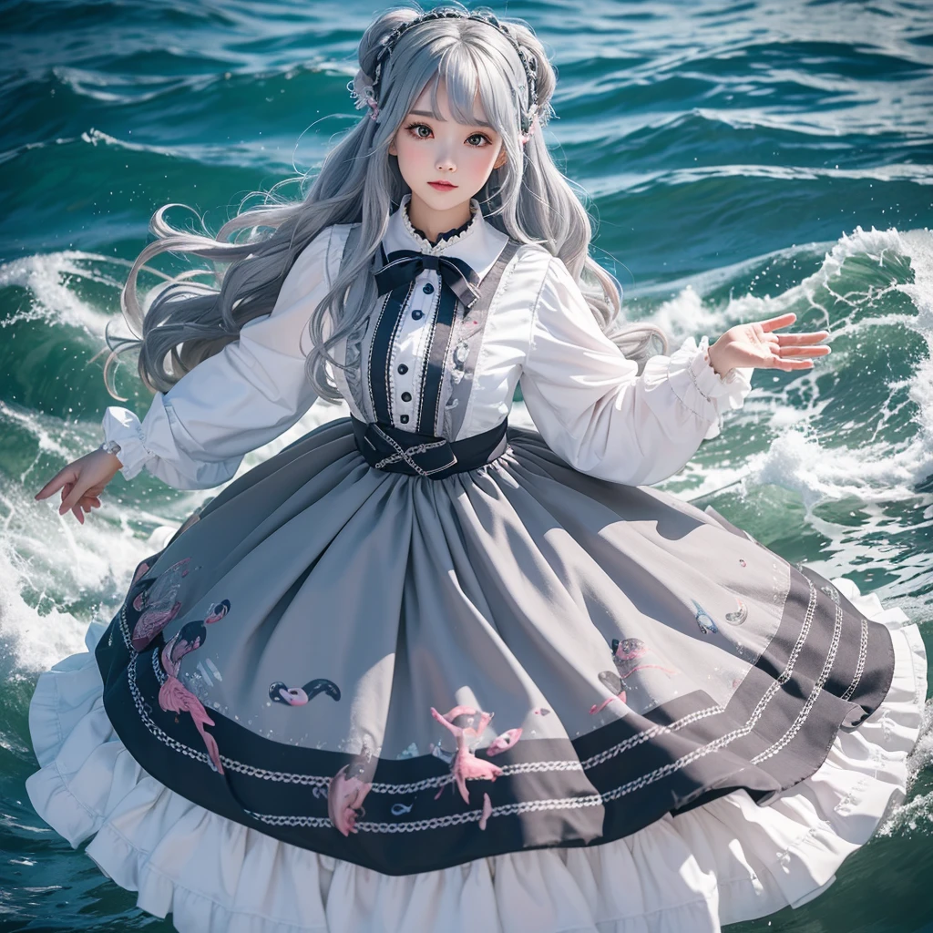 8k, 1 girl, High color, Gorgeous, (フラクタルアート1.8), girl,Gray hair, Flowing hair,Deep under the sea,Dancing Lolita skirt ,Gorgeous, Dynamic, visual impact, hands in pockets, (Waves on the lens 1.5)