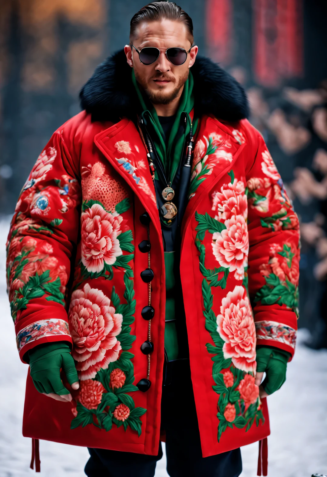 red stormtrooper, Playful new fashion style, A tall and handsome male model, Tom Hardy, wore a cotton coat made of thick red and green peony coarse fabric: 1.34), a cotton coat with warm and windproof functions, peony flower, Leaves, embroidery, With big red and green peony pattern as the theme, (tawny fur coat collar), tibetan shaman jewelry, complex patterns,
Embroidered Suzhou embroidery bright red parka snow coat, (exceed) coat, Black Sweater, jeans, winter scarf warm scarf, duckbill cap, gloves gloves, belt, Cotton boots, sunglasses, Combat boots, sports shoes, big photography, whole body,
background: Indoor T runway, T runway, (snowing), snow,