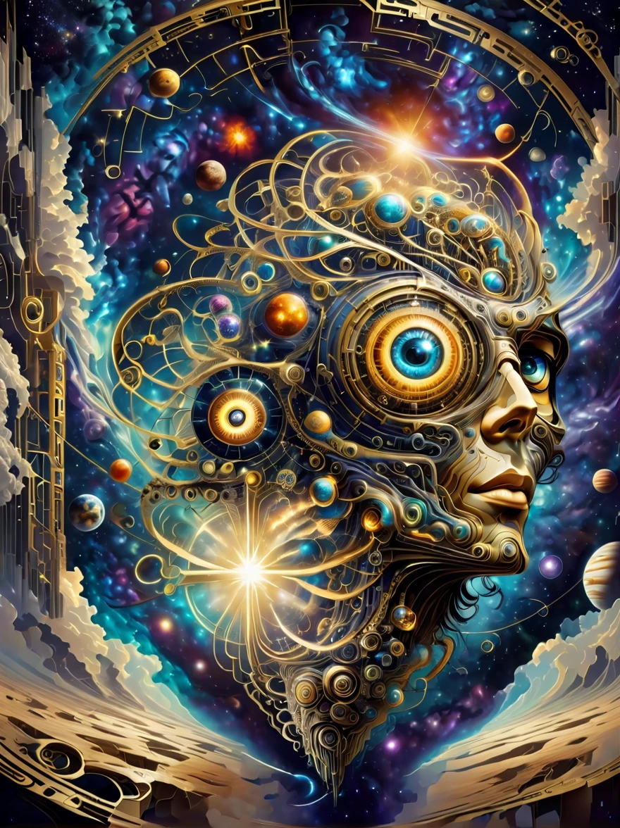 ((optical illusion art style:1.8)),combine eyes、starry sky、universe、galaxy、Ladder、technology、Elements such as machinery and chains,Create an optical illusion art piece。The composition should be sophisticated and sophisticated,Featuring geometric shapes and patterns,Connect these elements together in a way that creates a strong visual illusion。Artwork should have the eye as the central element,周围描绘universe和galaxy,并将先进technology和机械元素交织在一起。Ladder可能由链条或机械部件制成,Different parts of the image should be connected,Unaffected by gravity and perspective。The overall design should be mesmerizing,dazzle the viewer、Disorientation,Has a strong sense of optical illusion。