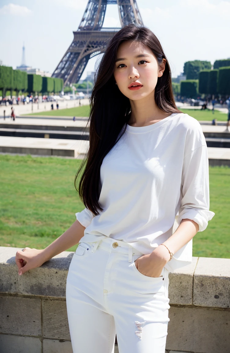 A Woman, long hair, ((white Shirt)), ((blue Jeans)), (eiffel tower Paris), rim light, 35mm film, Fuji film