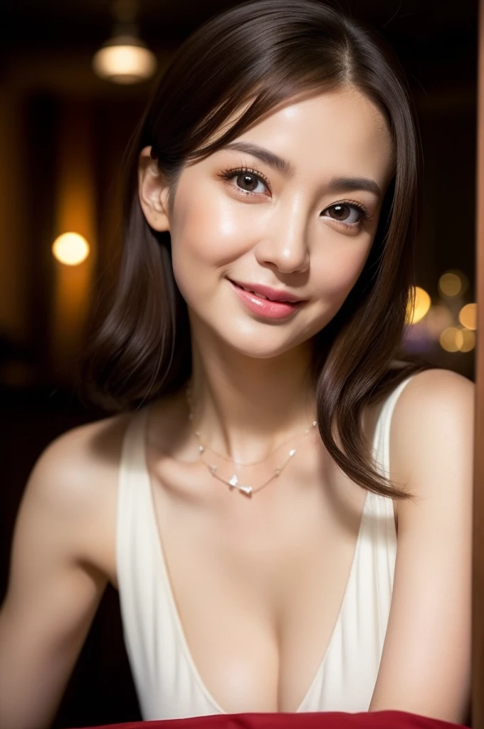 best quality, old woman, sitting, in the bar, with a table, with a sofa, ultra realistic photo, full body shot, bar, 8K, smiling, looking at viewer, brown hair, pale skin, wrinkles skin, detailed face, detailed skin, glamorous, red mini party dress, piercing, necklace, beauty mark, delicate facial features, curvy, old, japanese, inside, at night, from front, big eyes, cross-legged, two side up