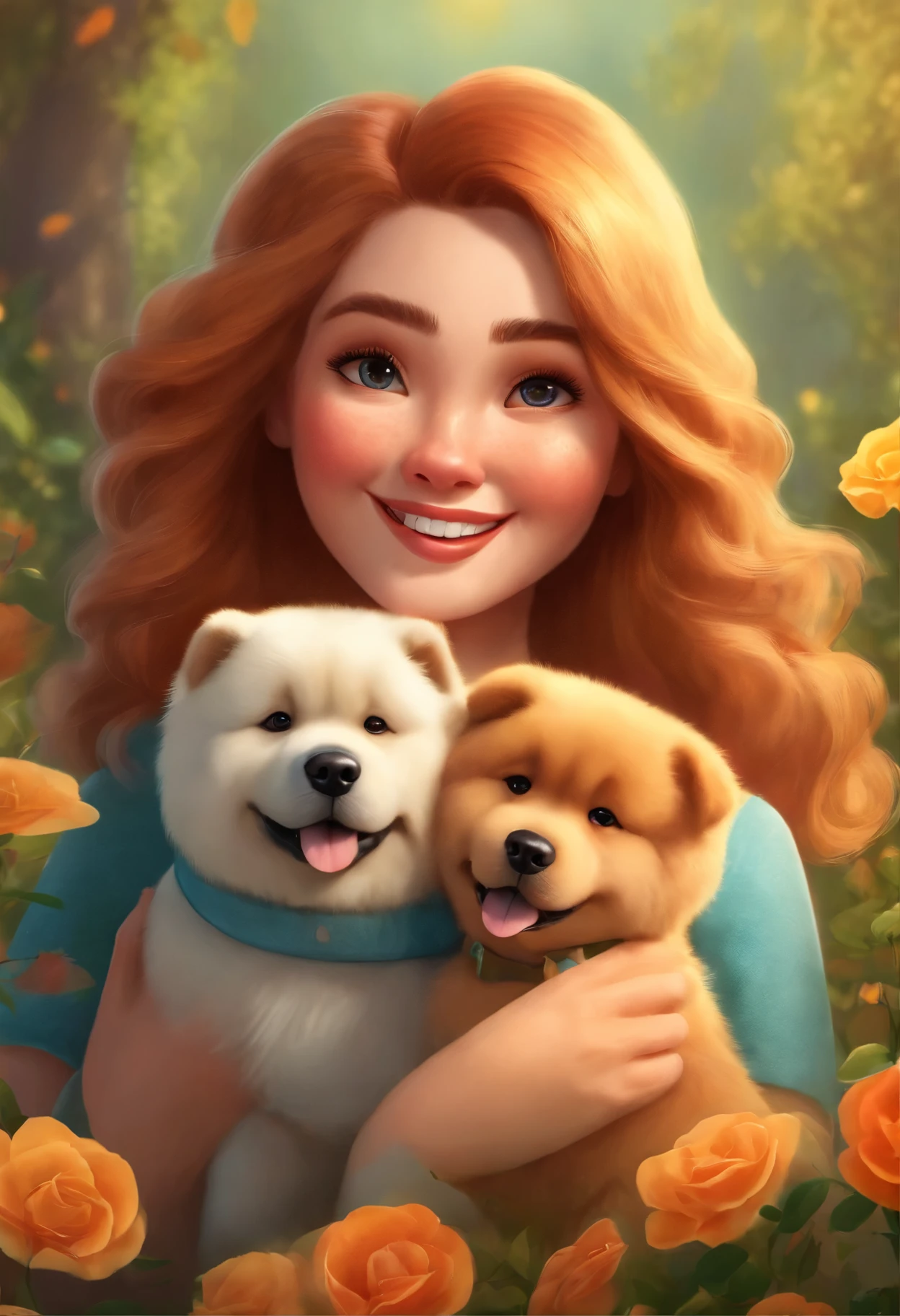 a girl with two chow chow dogs inspired by Pixar animation, illustrations, detailed eyes and lips, fluffy fur, vibrant colors, playful expressions, joyful atmosphere, sunny garden, realistic lighting, masterfully rendered, high-res artwork