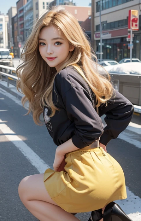 highest quality、masterpiece、ultra high resolution、Photoreal、RAW photo、1 girl、sexy look、shoulder hair、The lower half is curled and sauvage、cute smile like a model、frontage、Hair color is blonde、Tight mini skirt in yellow、Ordinary high heels、eyes are double、wear mascara、Cute pose like a model、cute face、Gorgeous like a model、ultimate beauty、cute smile、bright smile、Masseter muscle part、highest quality、Clothes suitable for winter、trendy down jacket、Downtown cityscape、sunny day、photo shoot、The sexy zone is almost here、Full view of panty butt、even if you smile'embarrassing、