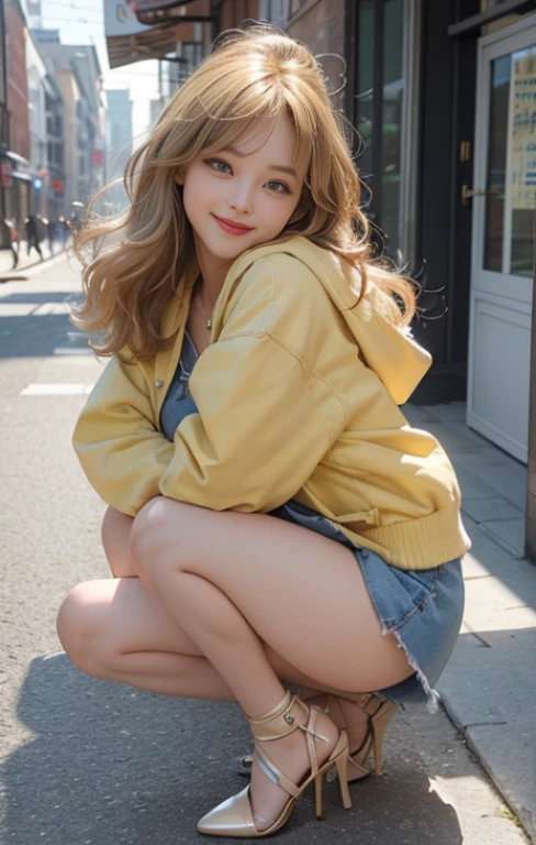 highest quality、masterpiece、ultra high resolution、Photoreal、RAW photo、1 girl、sexy look、shoulder hair、The lower half is curled and sauvage、cute smile like a model、frontage、Hair color is blonde、Tight mini skirt in yellow、Ordinary high heels、eyes are double、wear mascara、Cute pose like a model、cute face、Gorgeous like a model、ultimate beauty、cute smile、bright smile、Masseter muscle part、highest quality、Clothes suitable for winter、trendy down jacket、Downtown cityscape、sunny day、photo shoot、The sexy zone is almost here、Full view of panty butt、even if you smile'embarrassing、