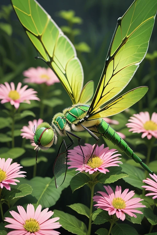 monster green Dragonfly with beautiful wings flower garden In flight