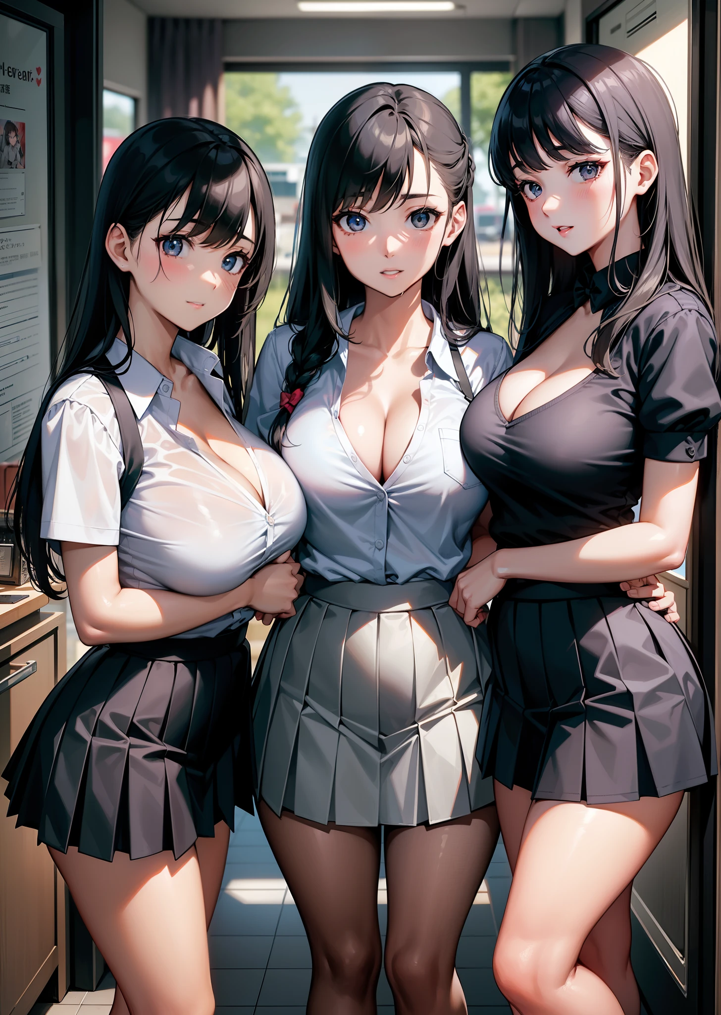 Trio of girls standing side by side、black haired、big breasts、cleavage、Breasts out、Night Station、mini skirt、thighs thighs thighs、navy pleated skirt、short sleeve white shirt、Sexy、adultery、lewd、