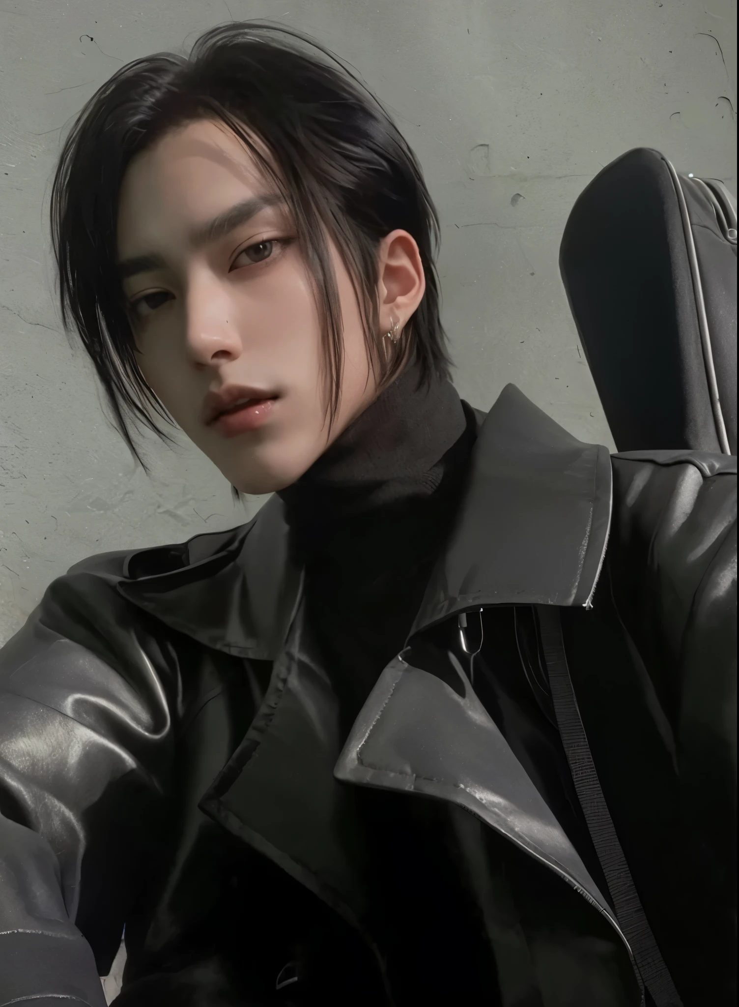 Taehyung com jaqueta de couro preta, sentado na cadeira com bolsa preta, Kim taehyung, androgynous vampire, beautiful andrógino prince, usando jaqueta de couro cyberpunk, attractive androgynous humanoid, HOMEM, androgen, TAEHYUNG, grupo bts, delicate androgynous prince, androgynous person, pintar ulzzang