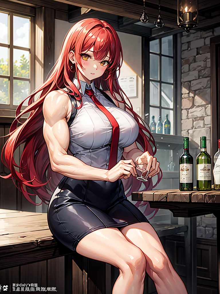 (((masterpiece、Highest image quality、highest quality)))、(((Illustration of one girl)))、(adventurer)、(((neutral)))、cool、((red hair、long hair))、golden eyes、((tall))、(((muscular and strong body)))、(((stocky build、thickset physique:1.3、muscular legs、muscular arms、broad shoulders、solid chest)))、(((manspreading、sitting in a chair)))、(((Clothing in the style of the Middle Ages、adventurer風の服、adventurer風の装備)))、(Medieval tavern、Liquor bottle on the table)