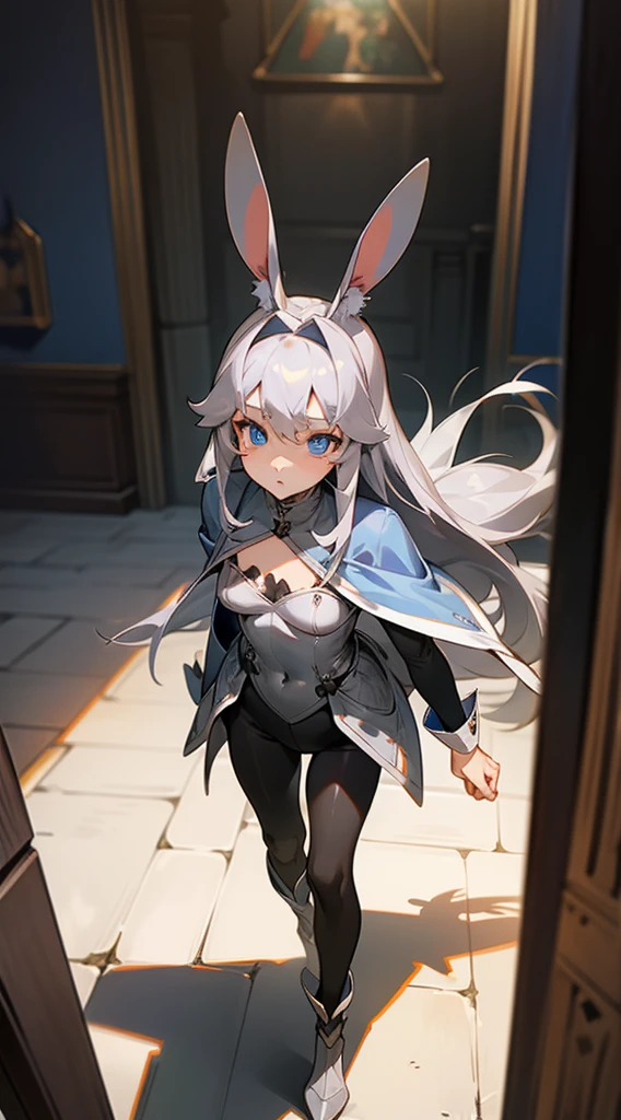 1 rabbit girl,(small),alone,gray hair,Long rabbit ears,blue eyes,long hair,Knights Templar Silver Knight Costume,masterpiece,best face,detailed face,innocent face,Walk inside the castle,neutral face,black pantyhose