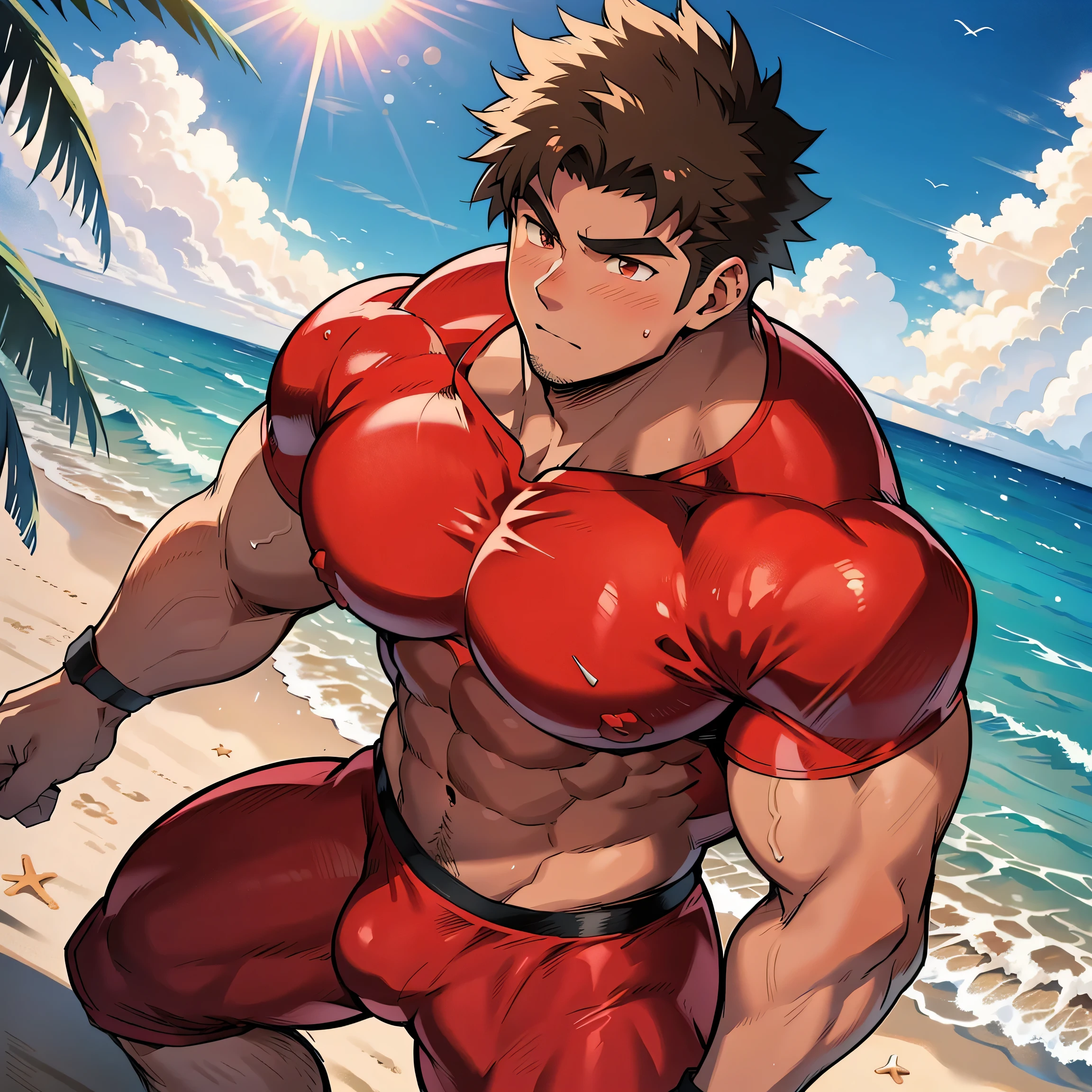 ((Anime style art)), Extremely muscular male character, bodybuilder body, bulky muscles, bare chest, voluminous pecs, wears a tight swimsuit (red thong), shirtless, topless, 1 man, alone, beach, sunny day, beautiful day, sea, clouds. Anime main character, Nice image, Hard drive, 4k, Main character.