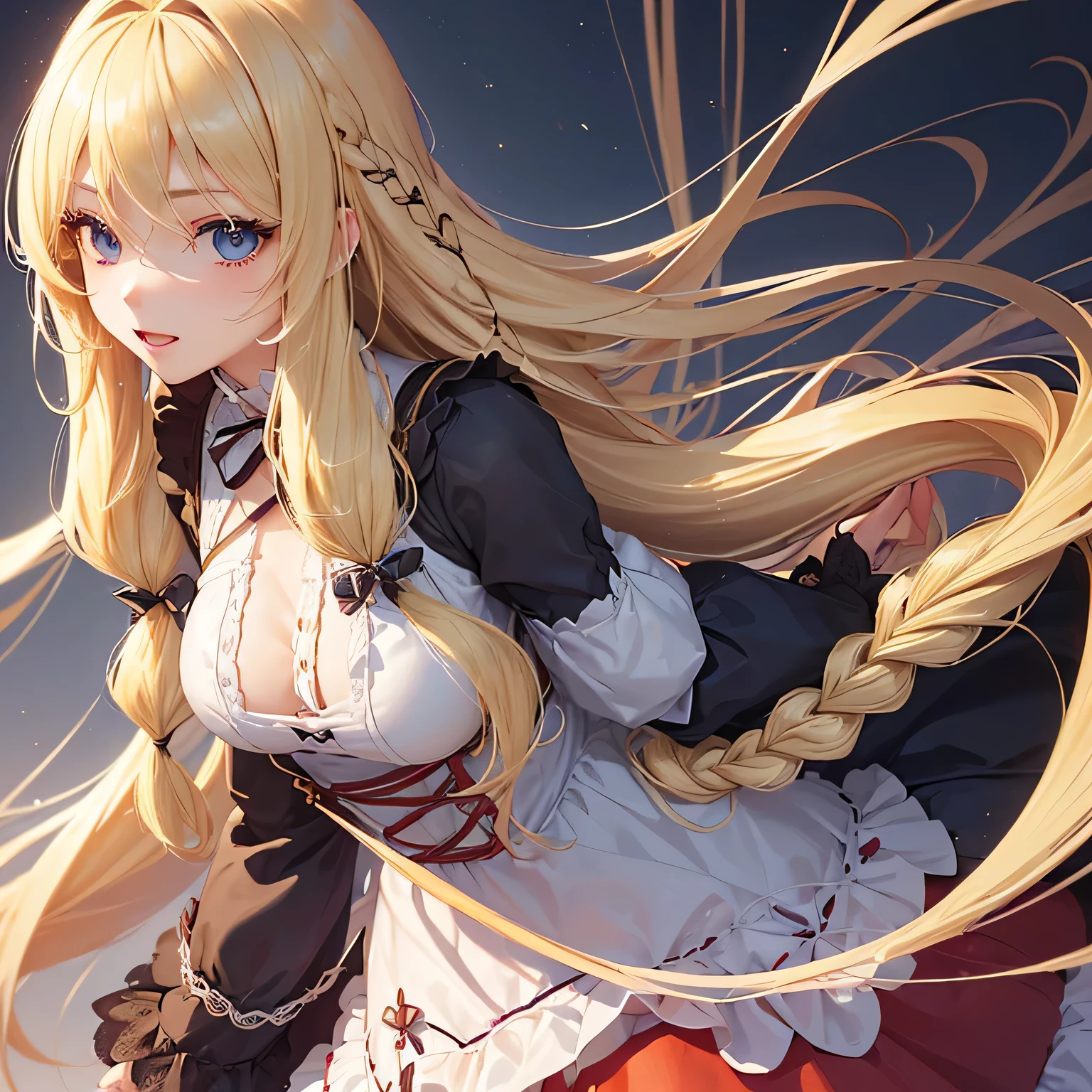 1 girl,Depp's Sense,confused,catch light,Super beautiful illustration,(blonde,long hairstyles:1.6),turn around,eye shadow,(Red clothes,Gothic Lolita),Upper body,;d,beautiful and delicate flowing hair,delicate and detailed blue eyes,emphasized chest,big breasts