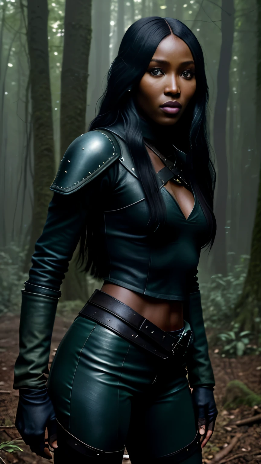 Foto hiperrealista en primer plano de Naomi Campbell, Create dystopian masterpieces. as a witcher, scene from the Witcher movie, the entire figure dressed in witcher style, in woods, beautiful woman, skinny, medium breasts, black long hair,  detailed face, small smile, facing the camera, photo taken from a distance,  of 14 