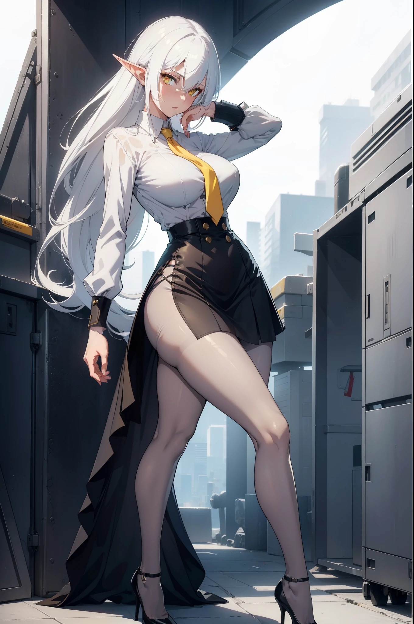 dark elf adult woman, white hair, yellow eyes, athletic body, shapely and long legs, large breasts, low-cut button shirt, tight skirt, pantyhose, high heels, 8k, hd, mastsrpiece, full body, white background