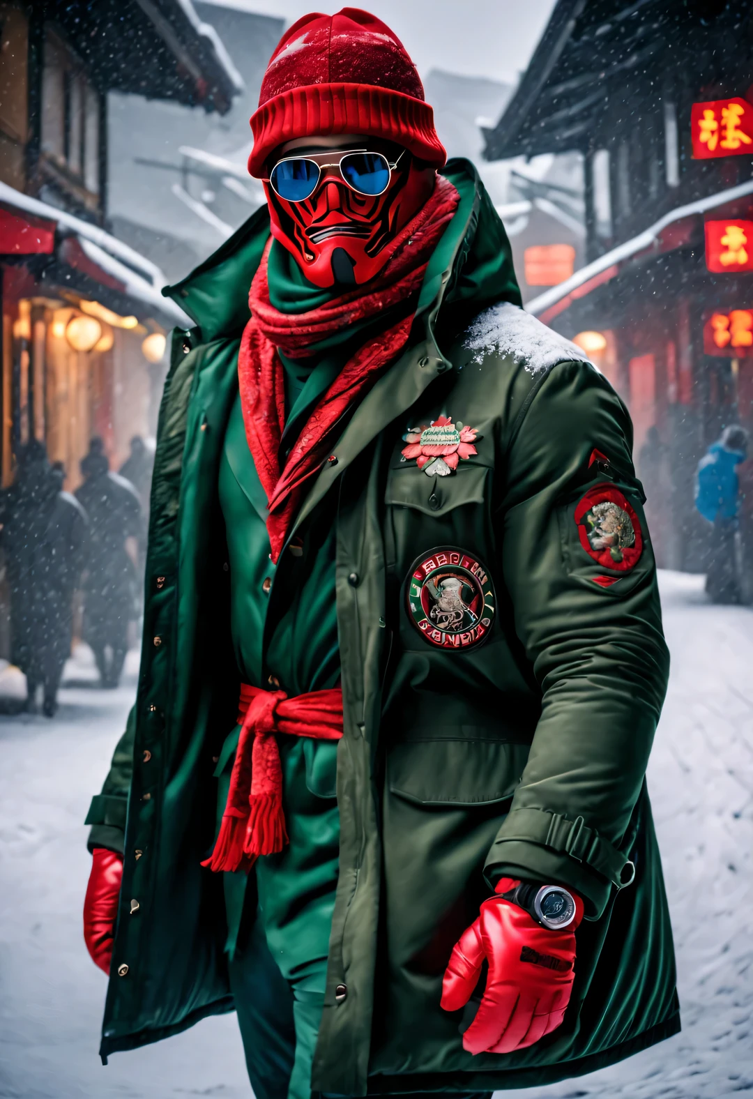 red stormtrooper, Playful new fashion style, Tall and fit male model Tom Hardy wears a thick red and green peony tweed cotton coat: 1.34, (Gentlemanly manners), Embroidery Suzhou Embroidery Big Red Parka Snow Coat, (exceed) coat jacket, (duckbill cap, Black Sweater), jeans, (winter scarf warm scarf), gloves gloves, belt, Cotton boots, sunglasses, Combat boots, sports shoes, big photography,
background: Indoor T-shaped track, T-shaped platform, (snow),
depth of field, Ultra-clear, super high quality,