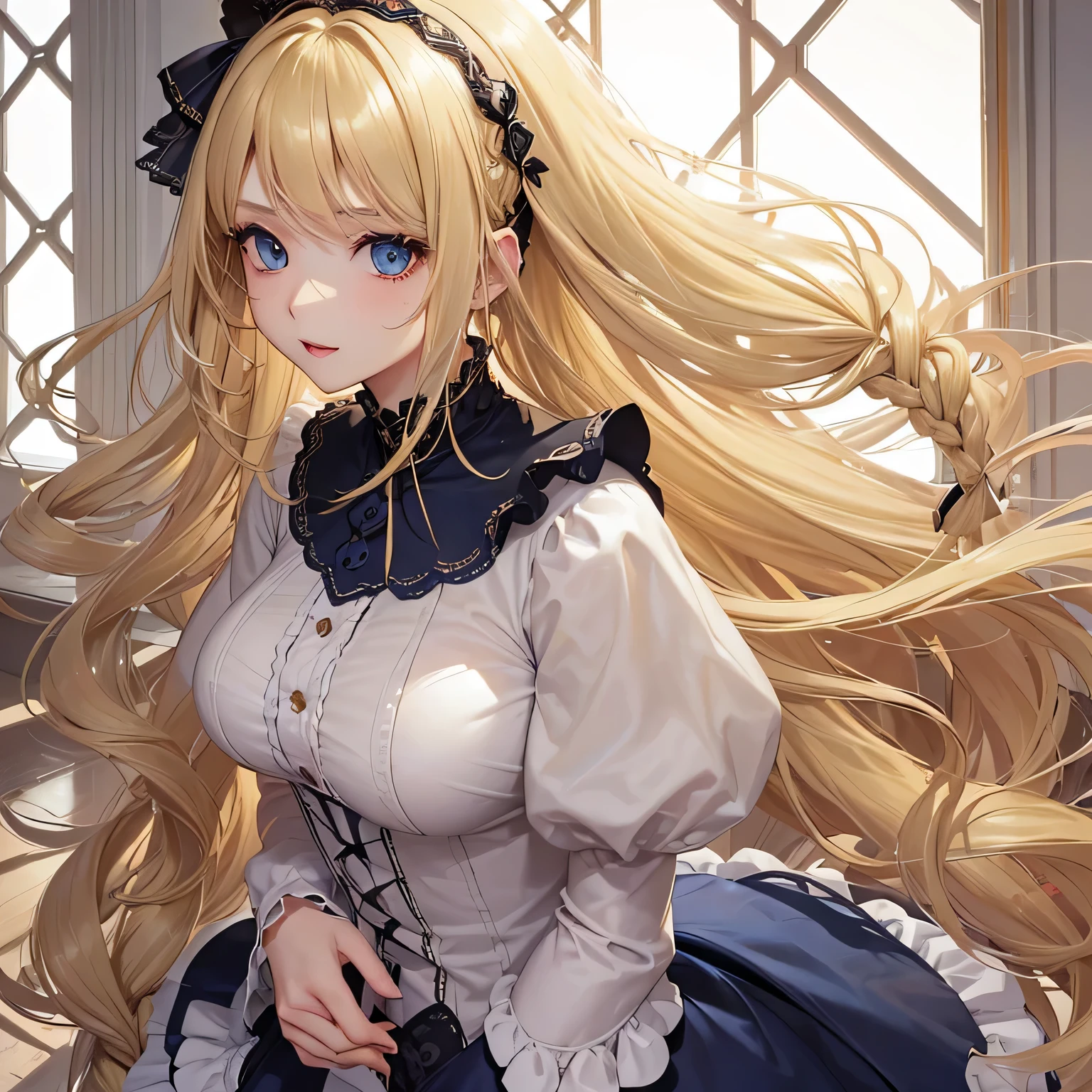 1 girl,Depp's Sense,confused,catch light,Super beautiful illustration,(blonde,long hairstyles:1.6),turn around,eye shadow,(Red clothes,Gothic Lolita),Upper body,;d,beautiful and delicate flowing hair,delicate and detailed blue eyes,emphasized chest,big breasts