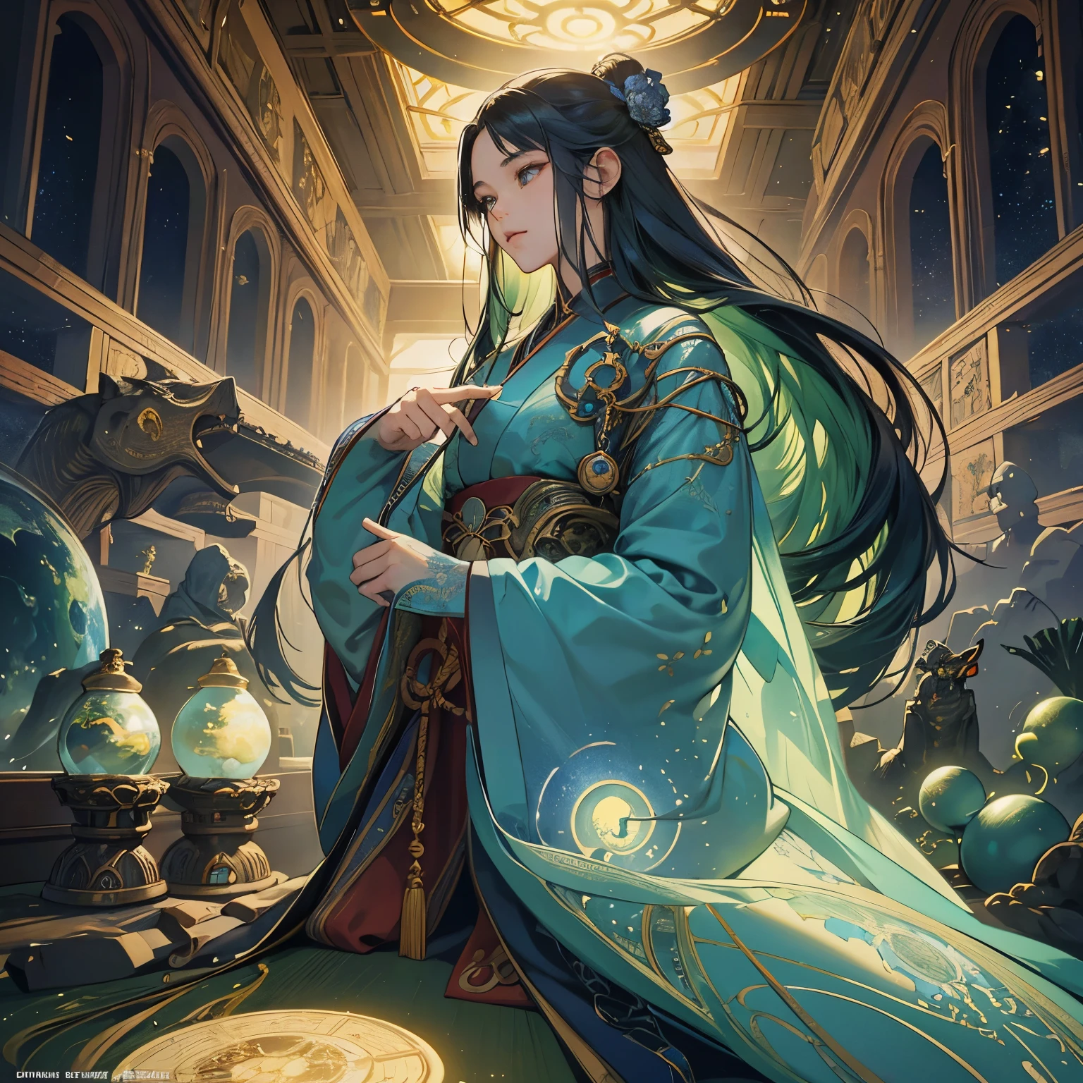 TAO Artist, James C. Christensen, Surreal, mysterious, strange, fantastical, fantasy, Sci-fi, Japanese anime, words are the blueprint of the world, creation and construction, beautiful girl who tells the story, perfect voluminous body, detailed masterpiece 