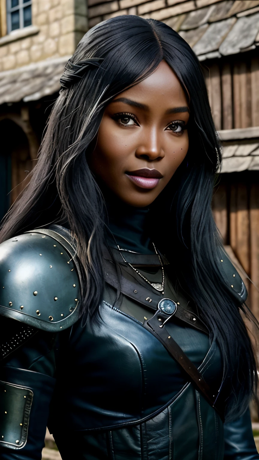 Foto hiperrealista en primer plano de Naomi Campbell, Create dystopian masterpieces. as a witcher, scene from the Witcher movie, the entire figure dressed in witcher style, outside off medieval inn, beautiful woman, skinny, medium breasts, black long hair,  detailed face, small smile, facing the camera, photo taken from a distance,  of 14 