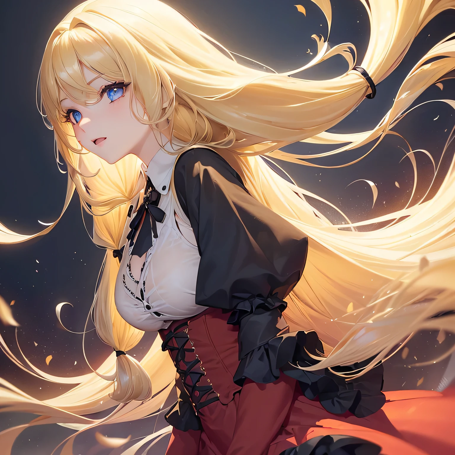1 girl,Depp's Sense,confused,catch light,Super beautiful illustration,(blonde,long hairstyles:1.6),turn around,eye shadow,(Red clothes,Gothic ta),Upper body,;d,beautiful and delicate flowing hair,delicate and detailed blue eyes,emphasized chest,big breasts,temple