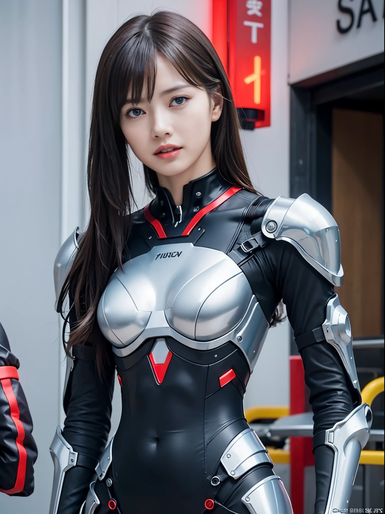 （Fight against mechanical robot soldiers）、highest quality、masterpiece、Super high resolution、(sexy pose),（Wearing a futuristic transparent sun visor）、(Photoreal:1.4)、RAW photo、1 girl、black hair、glowing skin、((1 Mechanical Girl))、((Super realistic details))、Portrait、（small led lamp）、Wire tubes that glow all over the body、global illumination、Shadow、octane rendering、8K、armpit、super sharp、big breasts、small led lamp、The bare skin of the cleavage is exposed、Metal、blood vessels connected to tubes、red bodysuit、armpit、cyberpunk city background、intricate decorative details、Japan details、very intricate details、realistic light、CG Society Trends、blue eyes、shining eyes、towards the camera、neon details、（Helmet of the Brave）、mechanical limbs、blood vessels connected to tubes、mechanical vertebrae attached to the back、cervical vertebrae mechanically attached to the neck、Wires and cables connecting to the head、gundam、small led lamp、two stock、two stock、