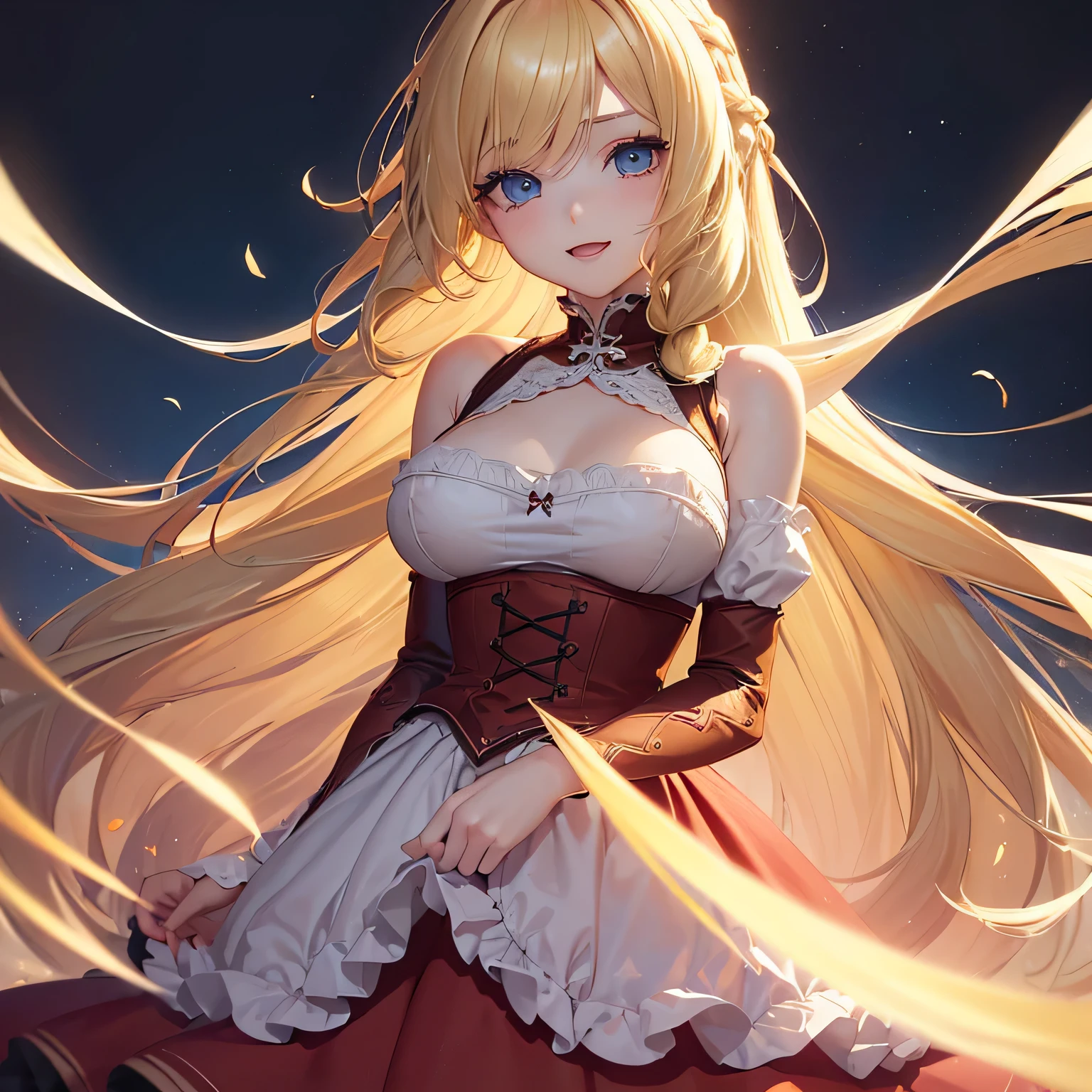 1 girl,Depp's Sense,confused,catch light,Super beautiful illustration,(blonde,long hairstyles:1.6),turn around,eye shadow,(Red clothes,Gothic ta),Upper body,;d,beautiful and delicate flowing hair,delicate and detailed blue eyes,emphasized chest,big breasts
