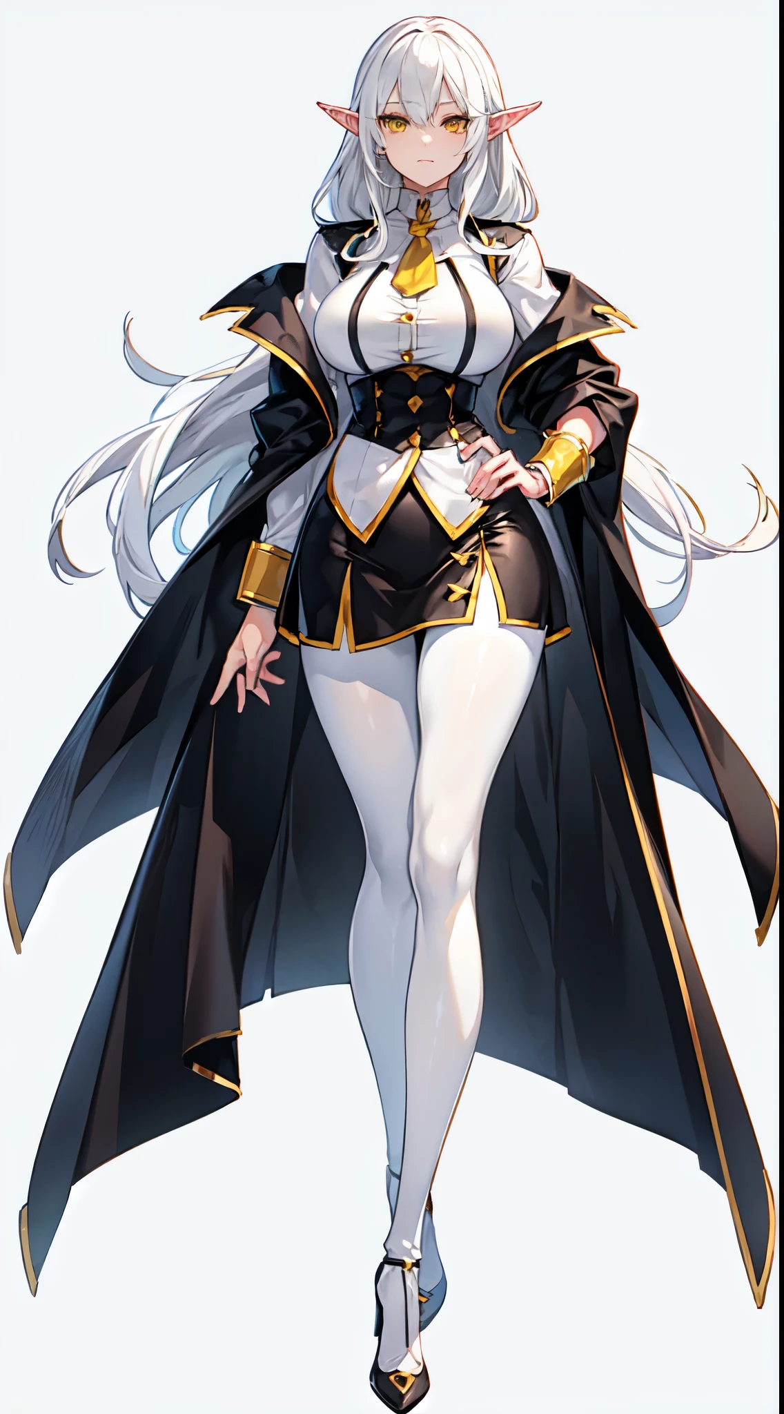 dark elf adult woman, white hair, yellow eyes, athletic body, shapely and long legs, large breasts, low-cut button shirt, tight skirt, pantyhose, high heels, 8k, hd, mastsrpiece, full body~8 white background