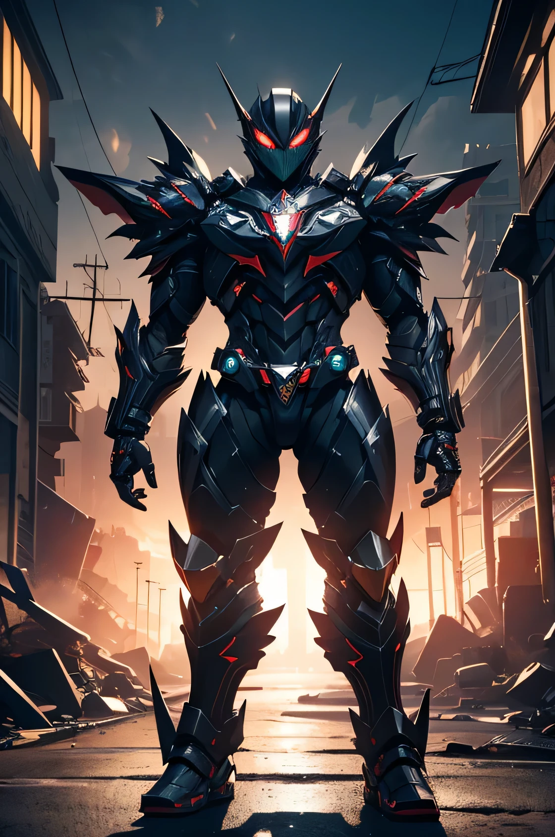 kamen rider, mechanical, heavy metal, armor, chimera, darkness, villain, full body, in frame, dark theme, extremely detailed natural texture, masterpiece, extremely detailed, amazing, fine detail, rich colors, hyper realistic lifelike texture, dramatic lighting, unreal engine, trending on art station, photo realistic, RAW photo, high quality, high res, sharp focus, extremely detailed, cinematic lighting, 8k, high definition, cinematic, neoprene, unreal engine 5, ultra sharp focus