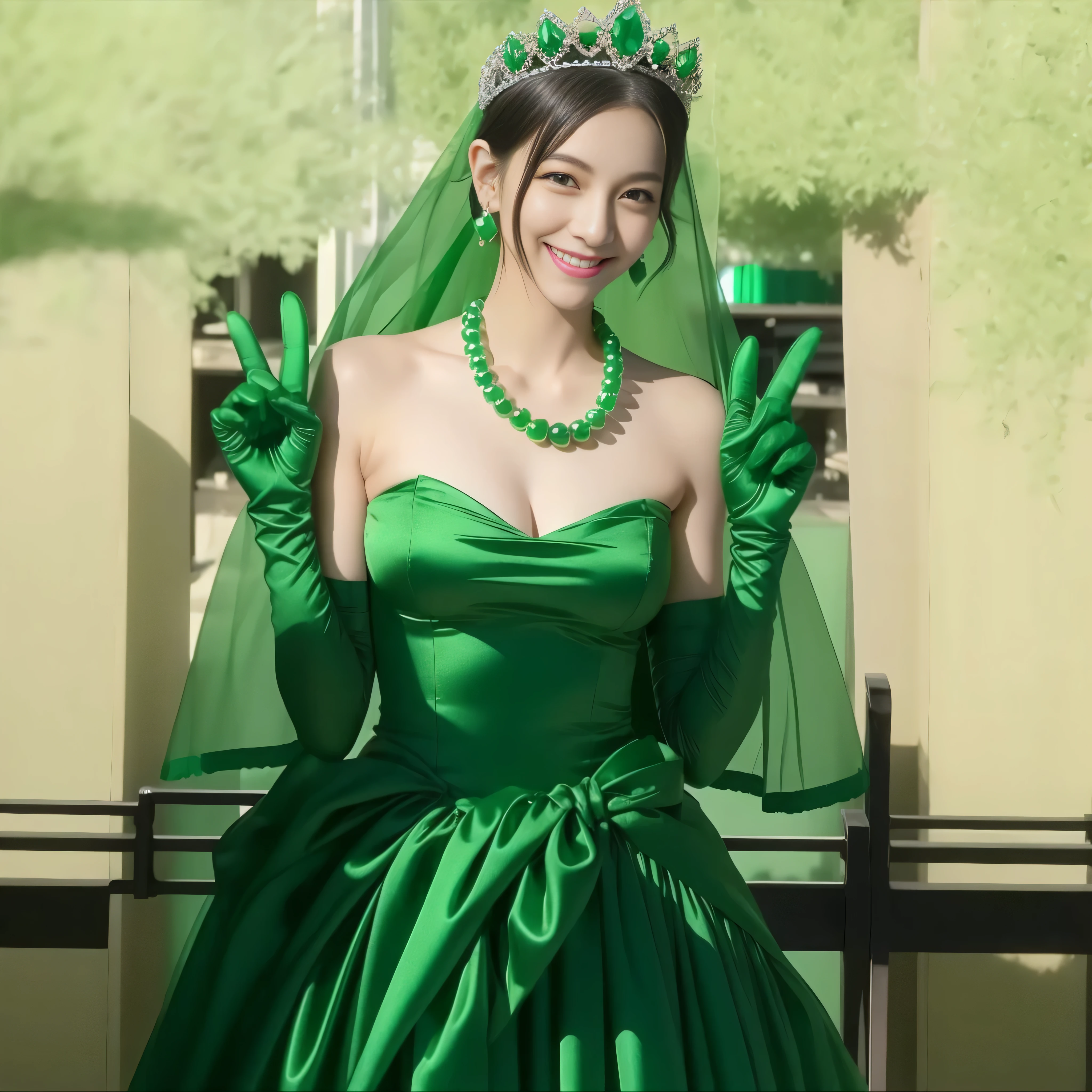emerald tiara, green pearl necklace, boyish very short green hair, lipstick, smiling Japanese woman, very short hair, big breasts beautiful, green eyes, Long Green Satin Gloves, green eyes, V sign, emerald earrings, green veil

