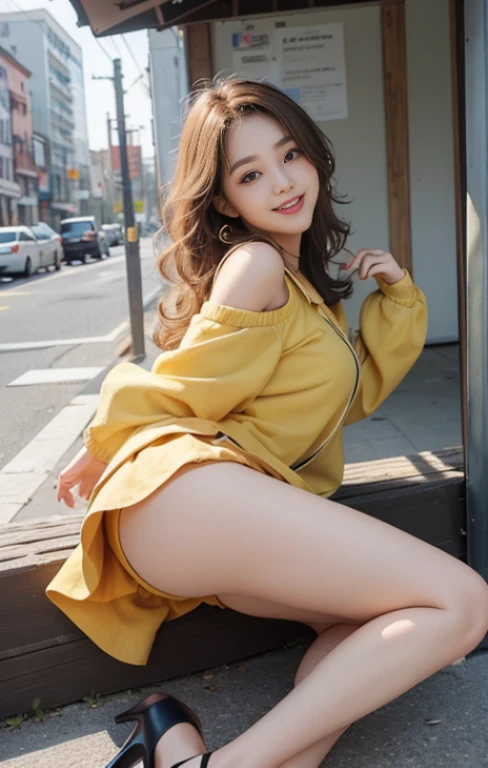 highest quality、masterpiece、ultra high resolution、Photoreal、RAW photo、1 girl、sexy look、shoulder hair、The lower half is curled and sauvage、cute smile like a model、frontage、Hair color is blonde、Tight mini skirt in yellow、Ordinary high heels、eyes are double、wear mascara、Cute pose like a model、cute face、Gorgeous like a model、ultimate beauty、cute smile、bright smile、Masseter muscle part、highest quality、Clothes suitable for winter、trendy down jacket、Downtown cityscape、sunny day、photo shoot、The sexy zone is almost here、Full view of panty butt、even if you smile'embarrassing、