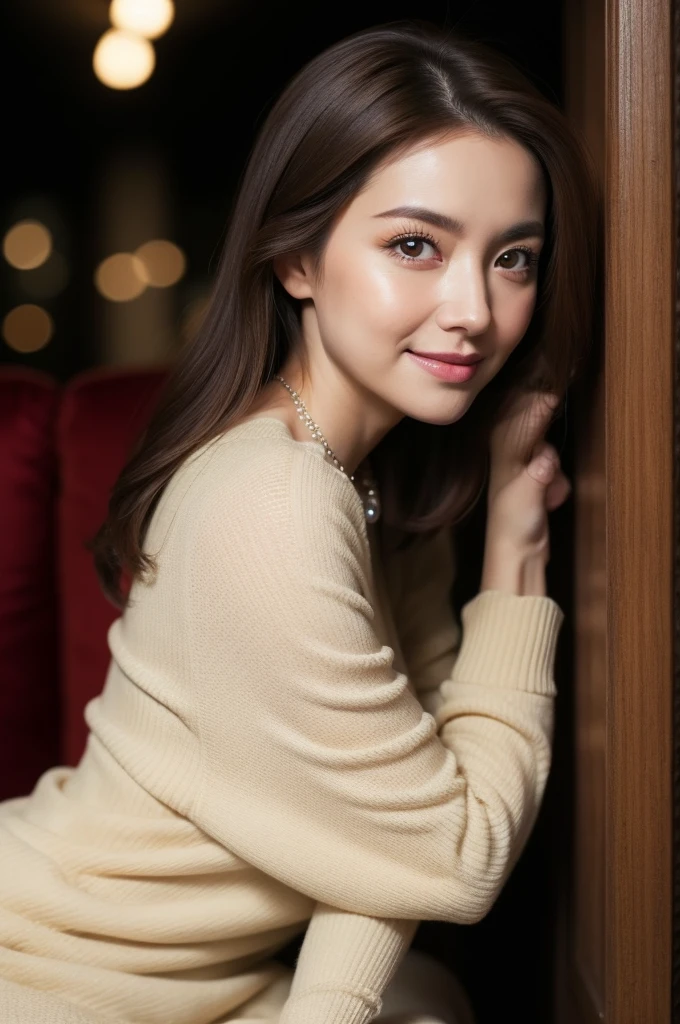 best quality, old woman, sitting, in the bar, with a sofa, ultra realistic photo, full body shot, bar, smiling, looking at viewer, brown hair, pale skin, wrinkles skin, detailed face, detailed skin, glamorous, dress, piercing, necklace, beauty mark, delicate facial features, curvy, old, japanese, inside, at night, from front, big eyes, cross-legged, two side up, 16K, wide view, wide shot, intense wide shot, extreme wide shot, wide shot, cowboy shot, hyperrealistic photo, realism, real person