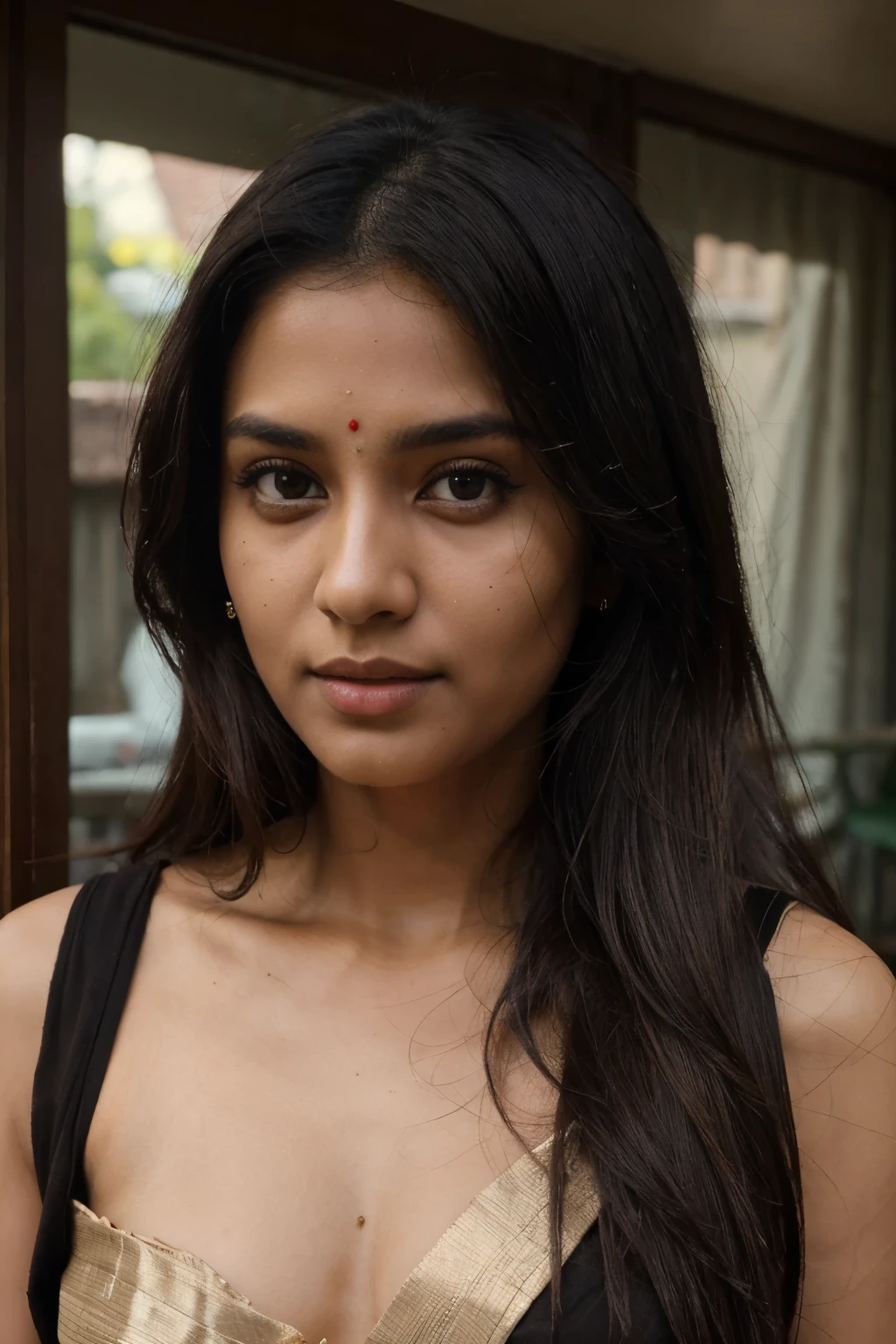 ((best quality)), ((masterpiece)), (detailed), imperfect face indian, girl 28 years old , dark hair, sharp features, brown skintone
, looking directly into camera, wearing a saree