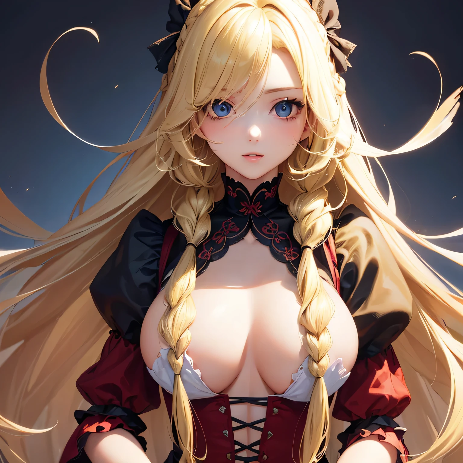 1 girl,Depp's Sense,confused,catch light,Super beautiful illustration,(blonde,long hairstyles:1.6),eye shadow,(Red clothes,Gothic ta),Upper body,;d,beautiful and delicate flowing hair,delicate and detailed blue eyes,emphasized chest,big breasts