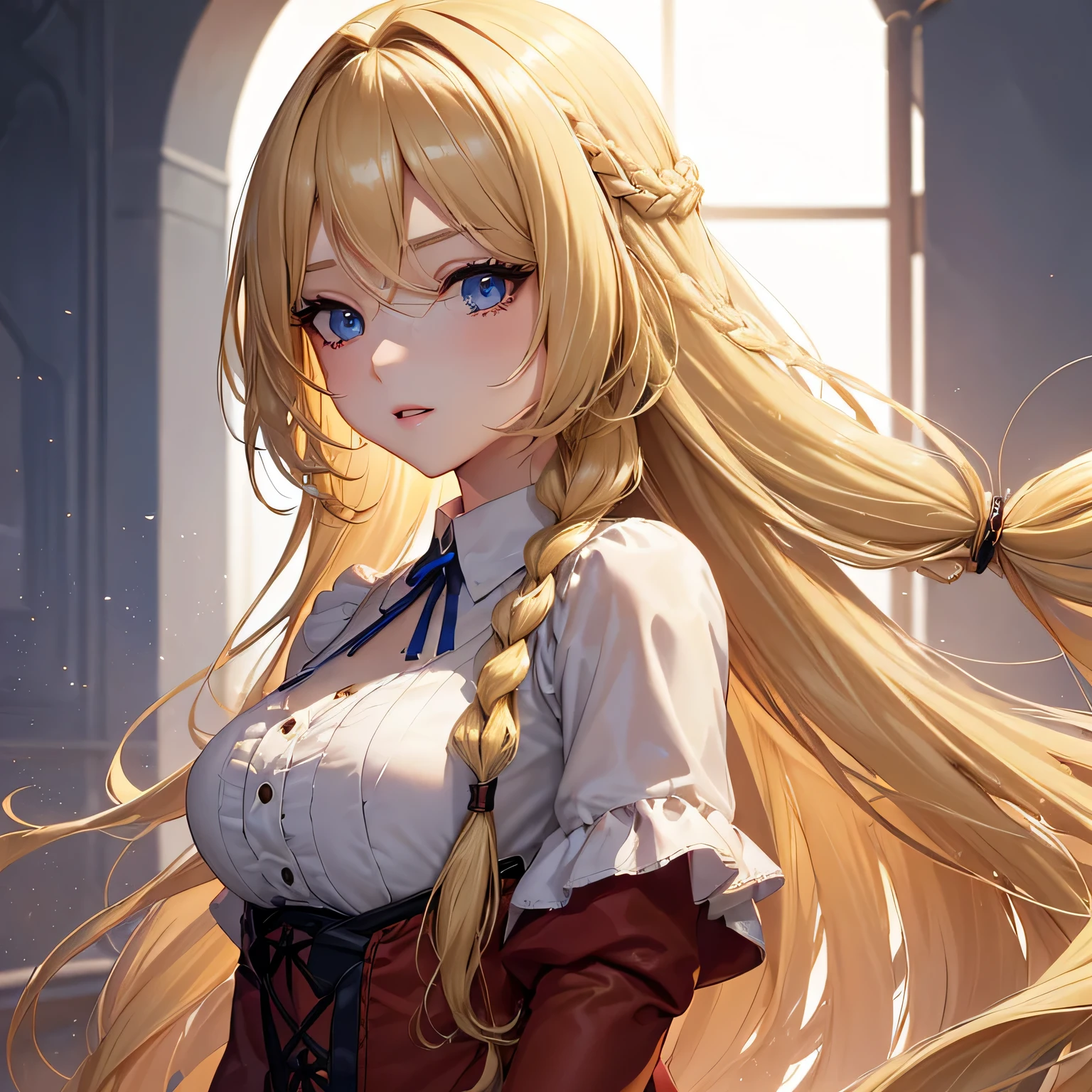1 girl,Depp's Sense,confused,catch light,Super beautiful illustration,(blonde,long hairstyles:1.6),eye shadow,(Red clothes,Gothic Lolita),Upper body,;d,beautiful and delicate flowing hair,delicate and detailed blue eyes,emphasized chest,big breasts