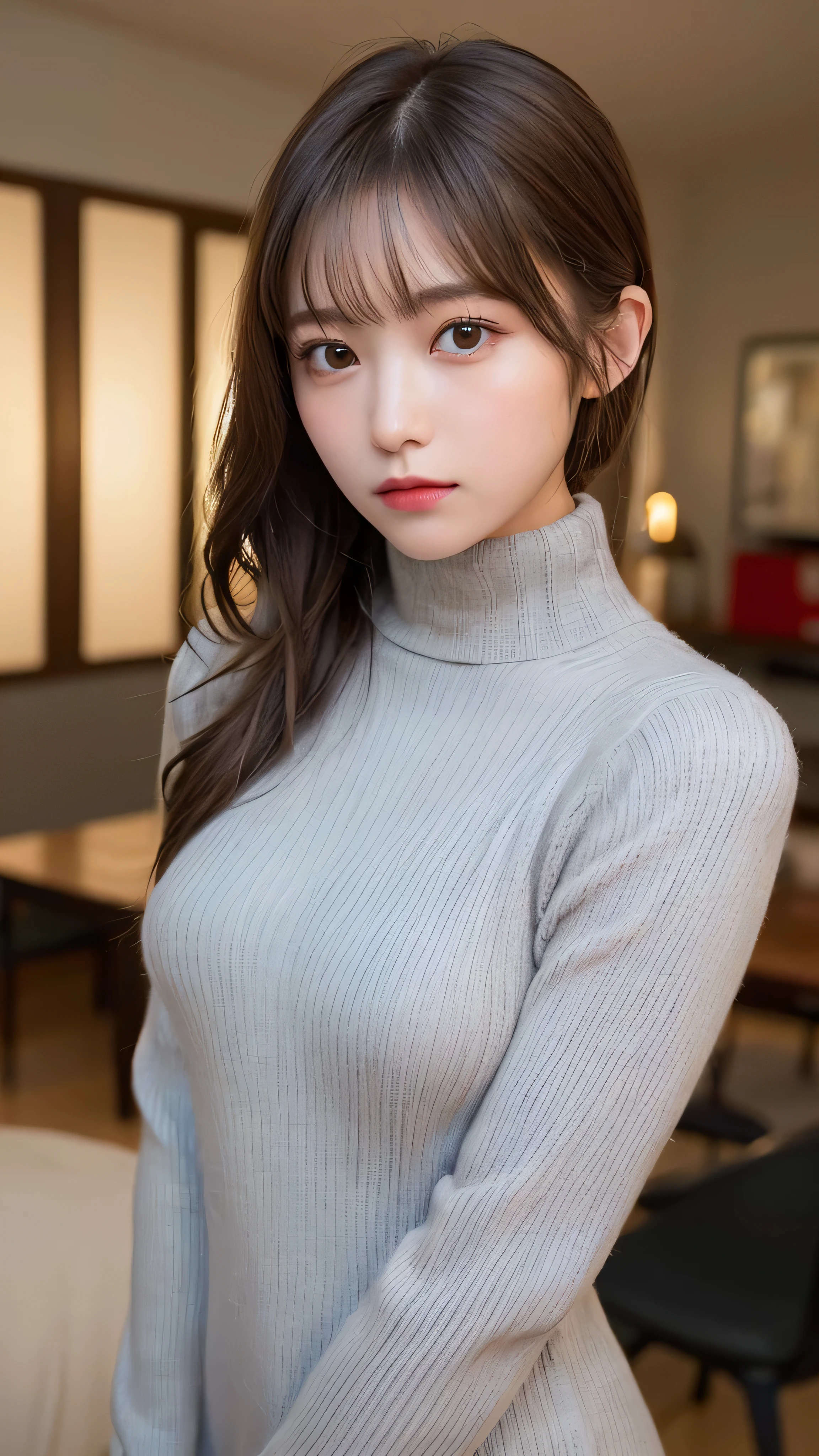 (masterpiece:1.5)、(realistic:1.5)、(highest quality:1.4、8K、RAW photo)、
ultra high resolution、professional lighting、perfect dynamic composition、Shot indoors、
film grain、chromatic aberration、(Bokeh:1.1)、
Frank、Sophisticated、charm、超realistic、high detail、golden ratio、
(1 girl)、slender girl、繊細でcharm女の子、cute woman:1.4、
serious expression、looking at the viewer、sculpture installation、
light brown hair、shining hair、Hair style is ponytail、
skin that looks real、
close your mouth、fine eyes、double eyelid、thin arms、small box、
(She is wearing a light gray turtleneck ribbed sweater dress.:1.3)、(show thighs:1.2)