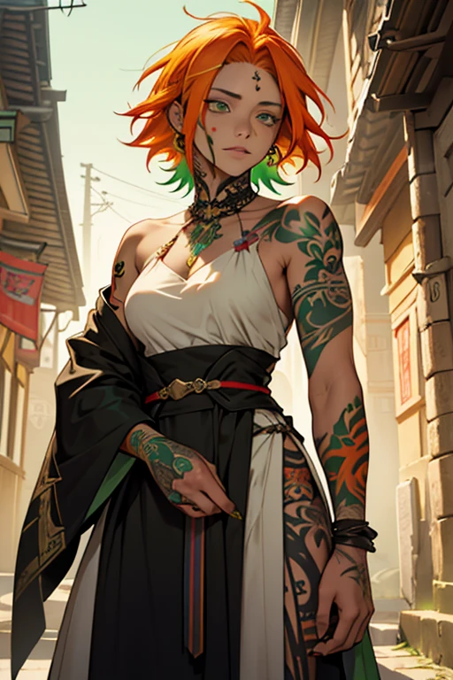 (Best quality)), ((masterpiece)), top quality), standing alone, Woman, colorful hair, hair with multi color, yellow, green, and orange hair, older woman, crows feet, medieval clothes, tattoos over face, colorful tattoos over her face, tattoos on cheeks, tattoos are green, green face tattoos