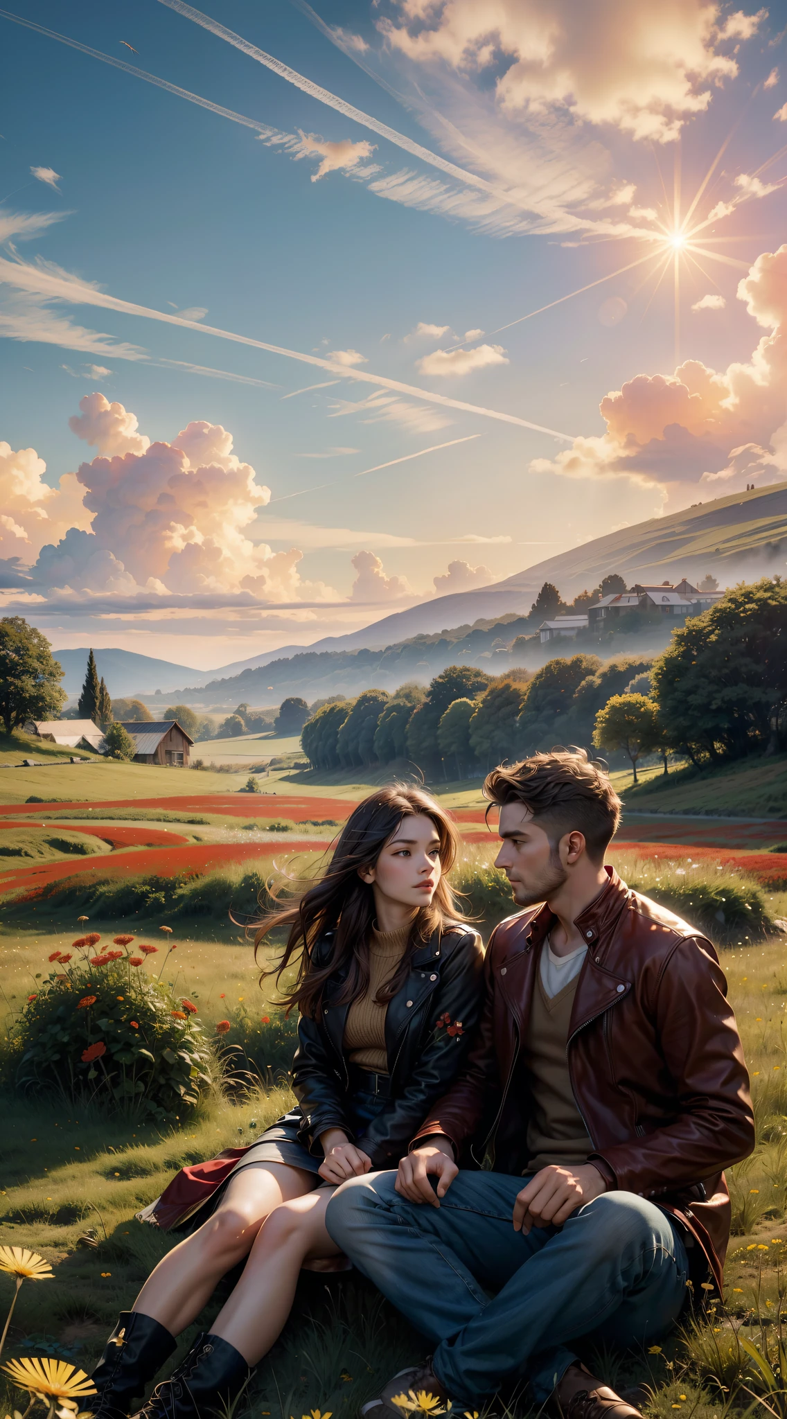 A man and a woman are sitting in a meadow of red flowers, sun sunset, Irish Man, Campo florescente, Dandelion floating in the wind, estilo romance, homem e mulher, flores vermelhas, homem de jaqueta de couro e causa jeans, Flying dandelion