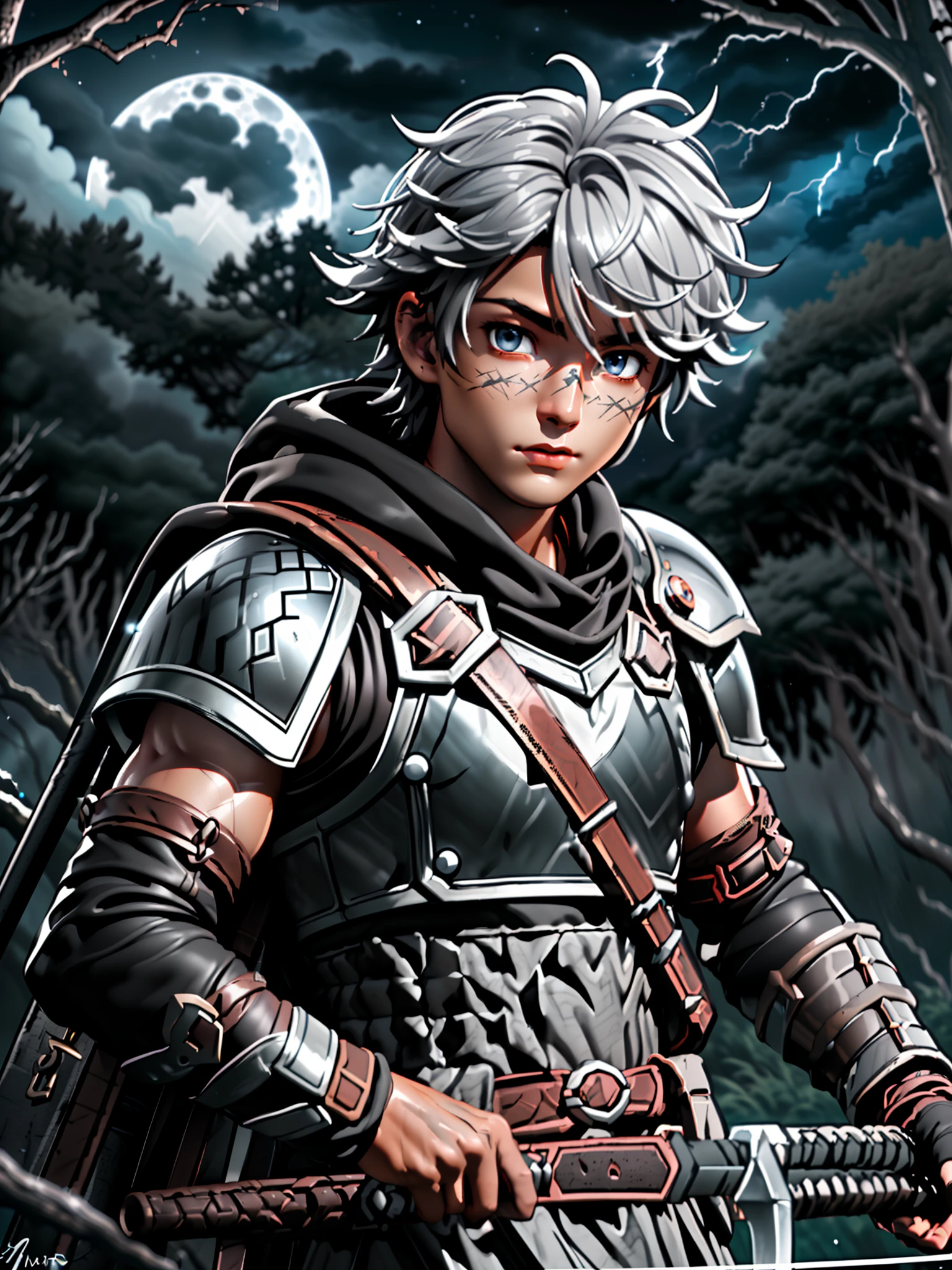 (((close-up shot)), Amidst the moonlit clearing within the dense misty woodlands, jon is a old soldier returning home, old chainmail and leather armor, round chipped dented shield, a old ??????? sword , backpack and a dark red old soldier's cloak,  lean scarred muscular body, crew-cut grey hair, grey facial stubble, black intense piercing eyes, brown skin, the swords blade is black and covered in white glowing runes, moon dark clouds lightning:1.2). Shadows dance across his form as he crosses the clearing, searching for an unknown foe lurking amidst the trees. (artist name, signature, watermark