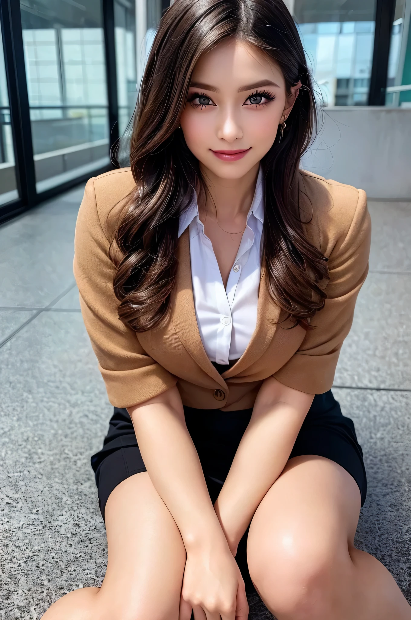 (1woman), Beautiful, Amazing face and eyes, makeup, (extremely detailed beautiful face), seducting smile, (Best Quality:1.4), (Ultra-detailed), (extremely detailed CG unified 8k wallpaper), Highly detailed, raw photos, Professional Photography, (Business Suit, Mini skirt:1.2), (Business shirt with wide open chest), (Spread your legs), (cameltoe:1.3), (view from below:1.2)